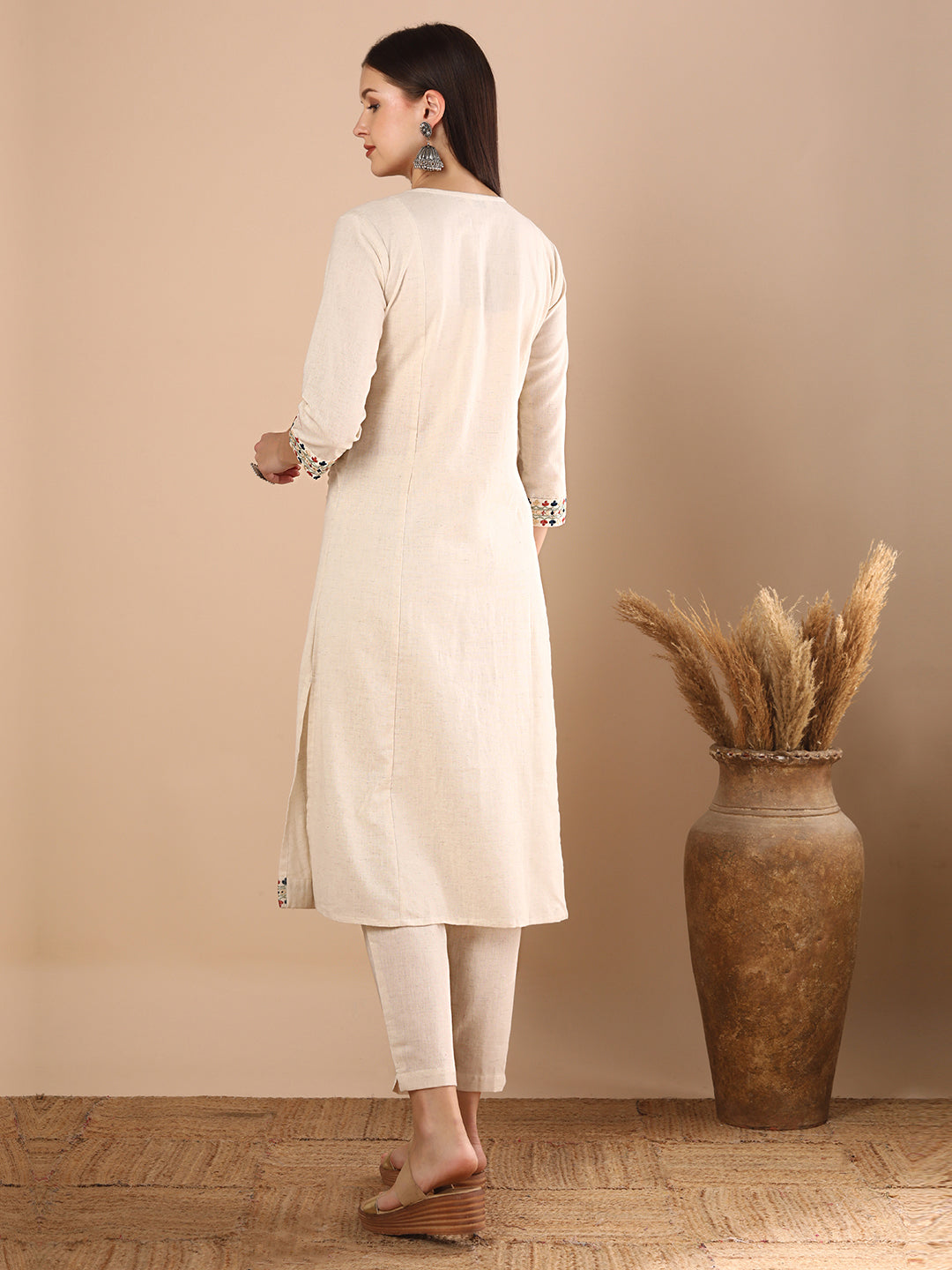 Solid Ethnic Resham Embroidered A-Line Paneled Co-ord Set - Off White