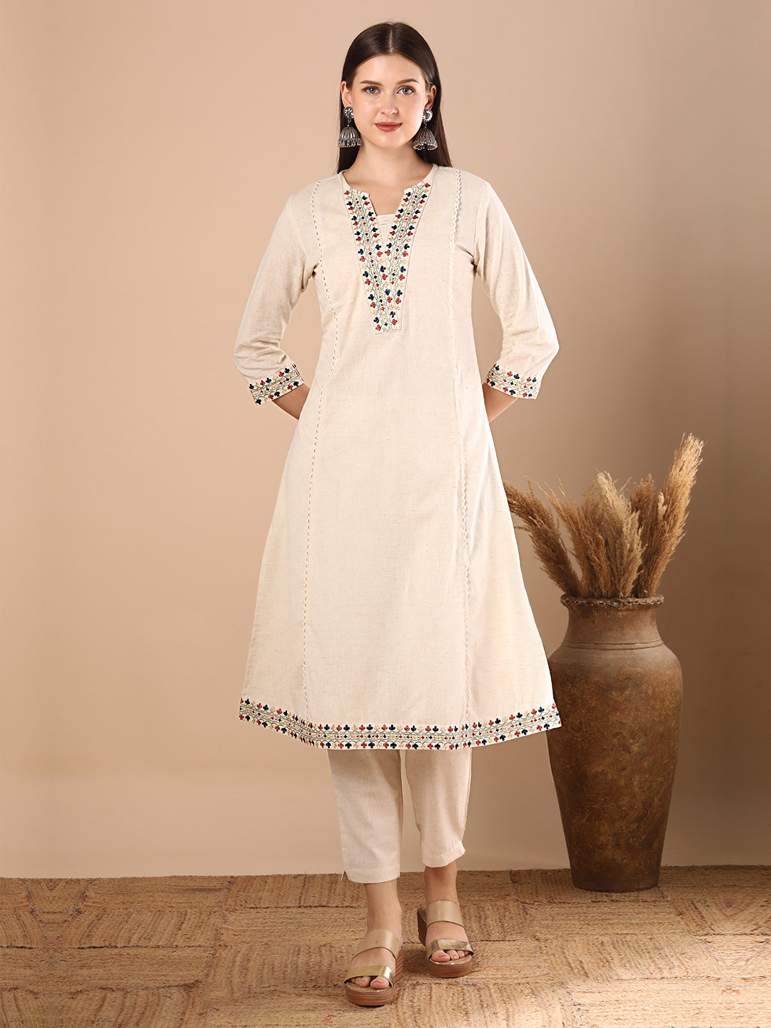 Solid Ethnic Resham Embroidered A-Line Paneled Co-ord Set - Off White