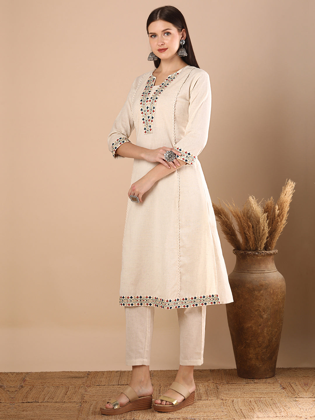 Solid Ethnic Resham Embroidered A-Line Paneled Co-ord Set - Off White