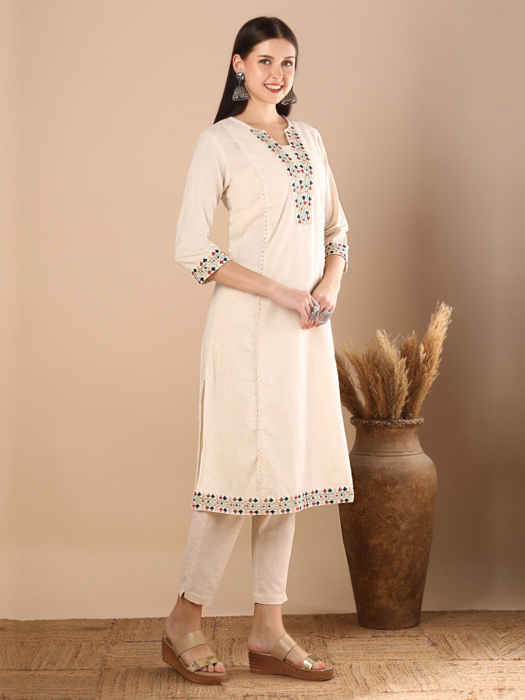 Solid Ethnic Resham Embroidered A-Line Paneled Co-ord Set - Off White
