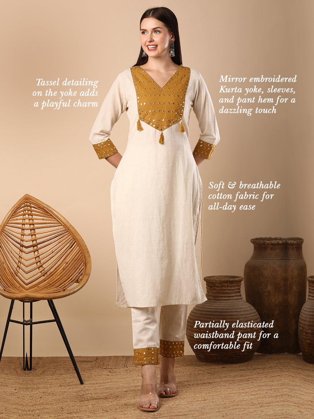 Solid Ethnic Mirror Embroidered Straight Fit Co-ord Set - Off White