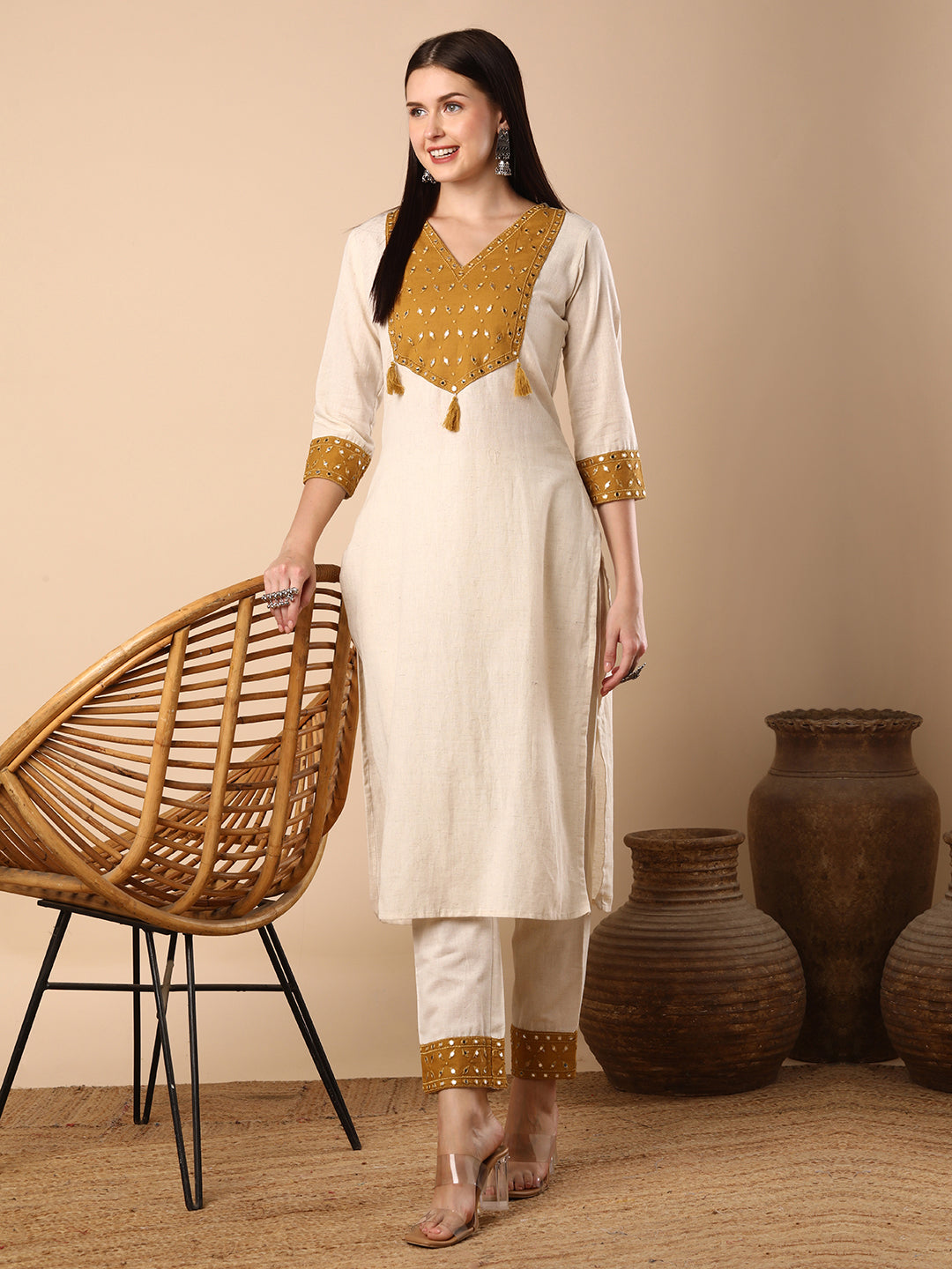 Solid Ethnic Mirror Embroidered Straight Fit Co-ord Set - Off White