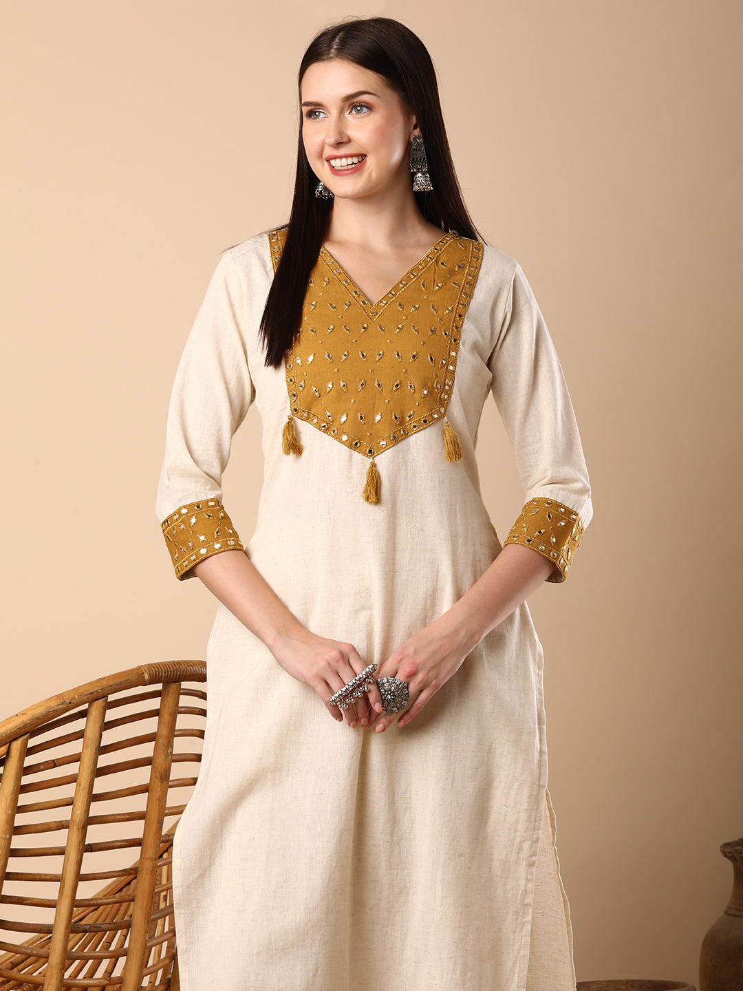 Solid Ethnic Mirror Embroidered Straight Fit Co-ord Set - Off White