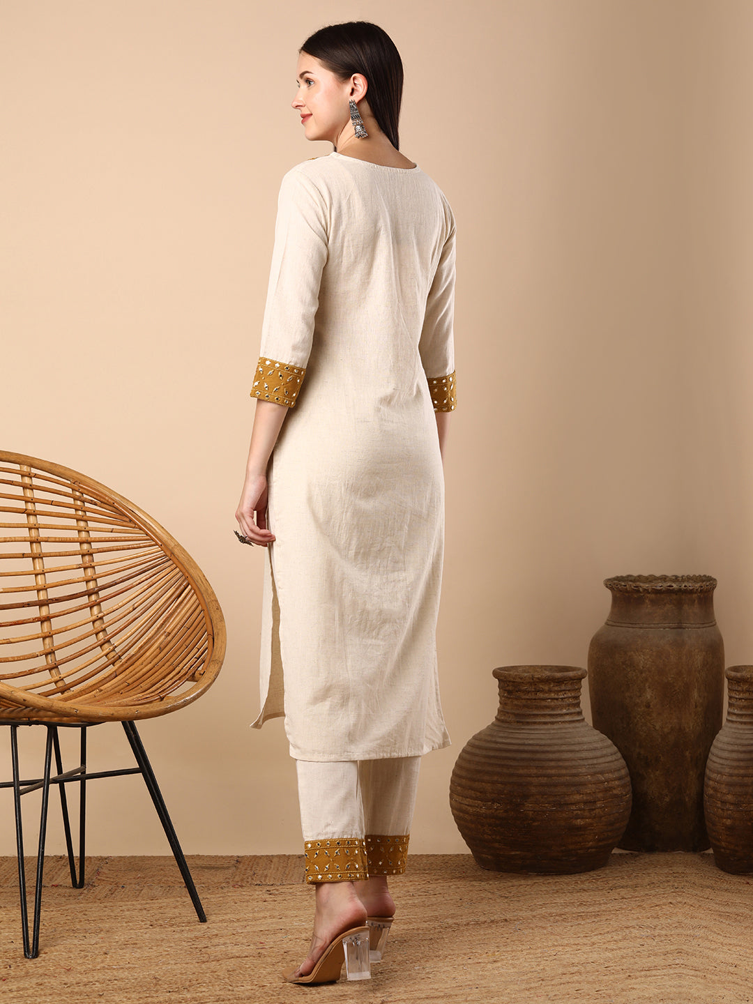 Solid Ethnic Mirror Embroidered Straight Fit Co-ord Set - Off White