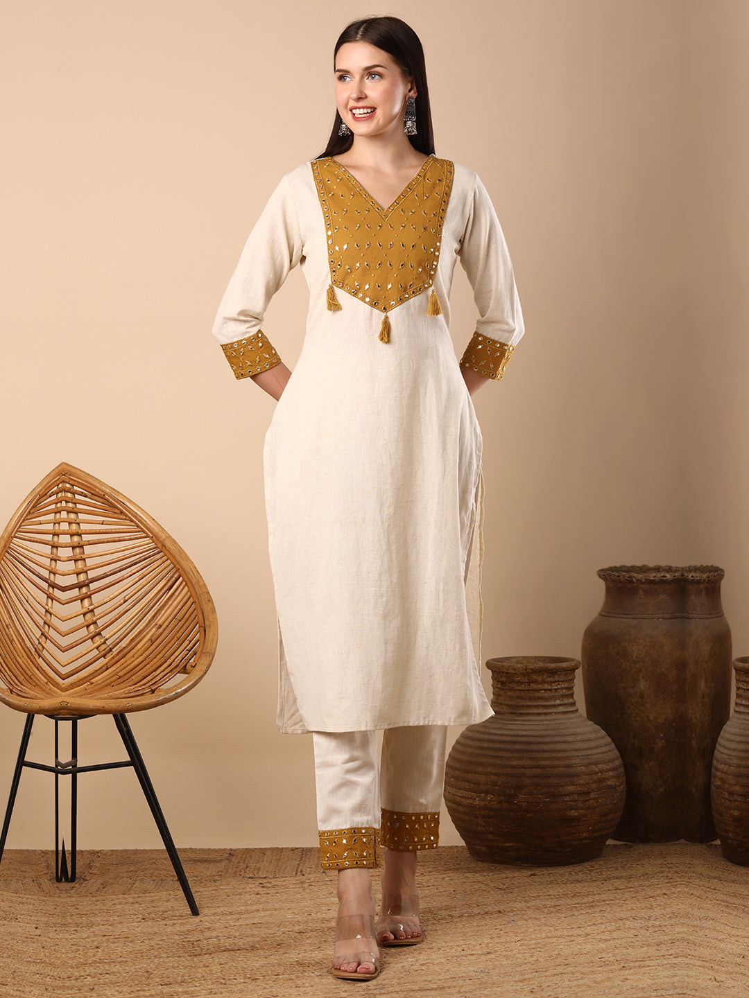 Solid Ethnic Mirror Embroidered Straight Fit Co-ord Set - Off White