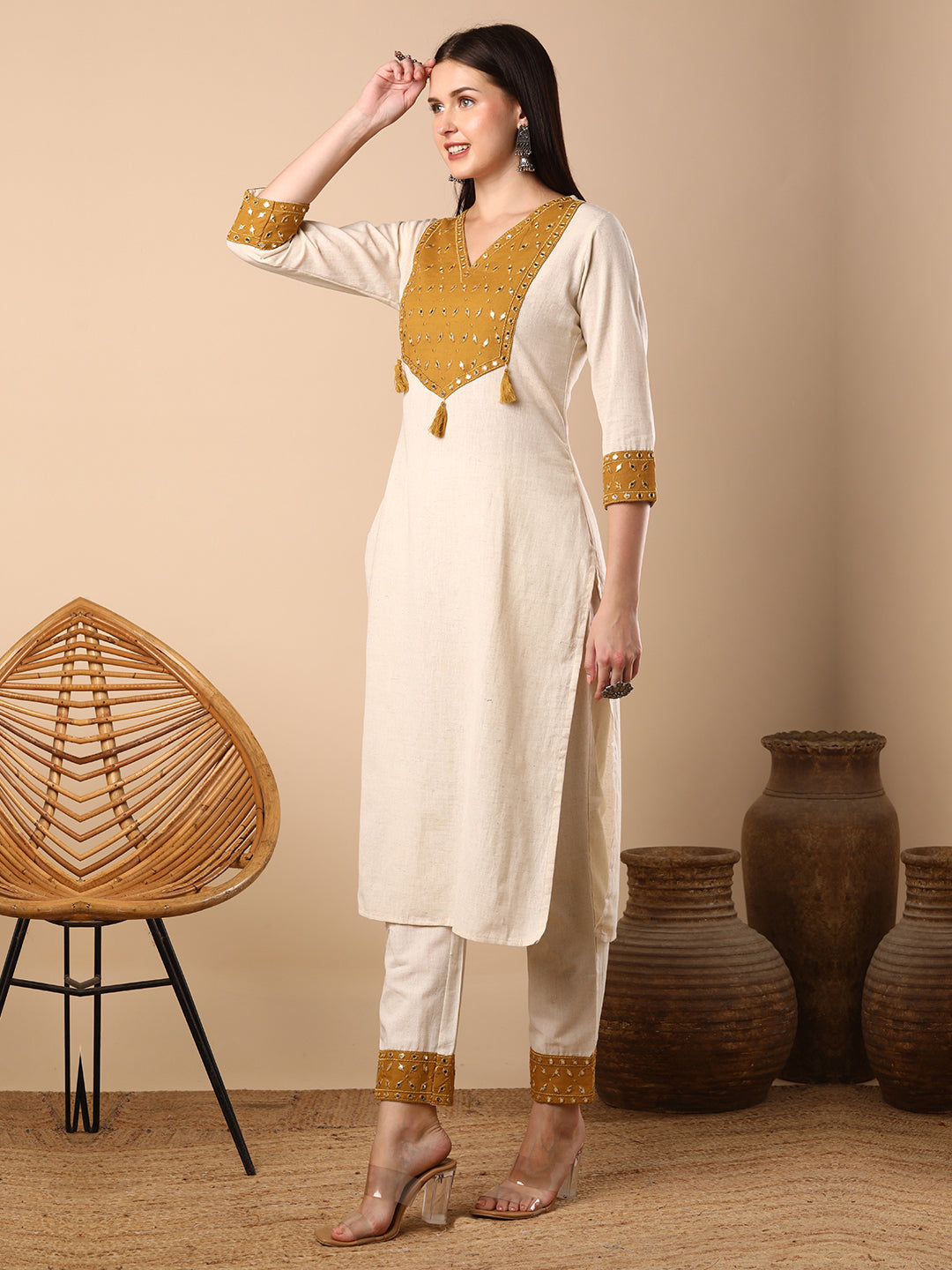Solid Ethnic Mirror Embroidered Straight Fit Co-ord Set - Off White