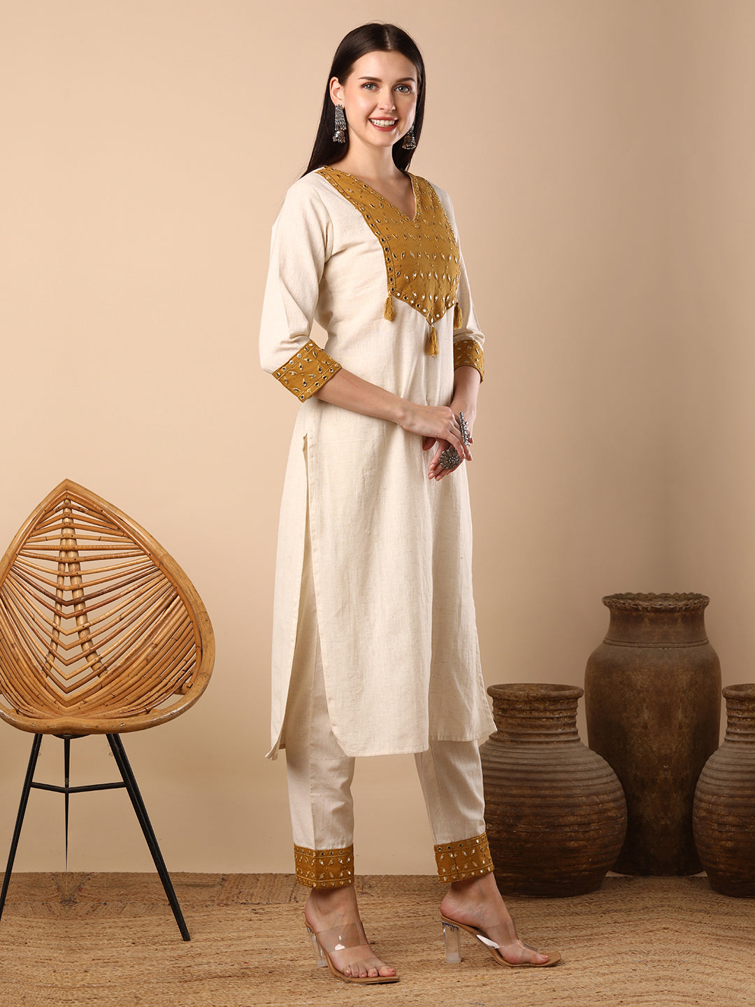 Solid Ethnic Mirror Embroidered Straight Fit Co-ord Set - Off White