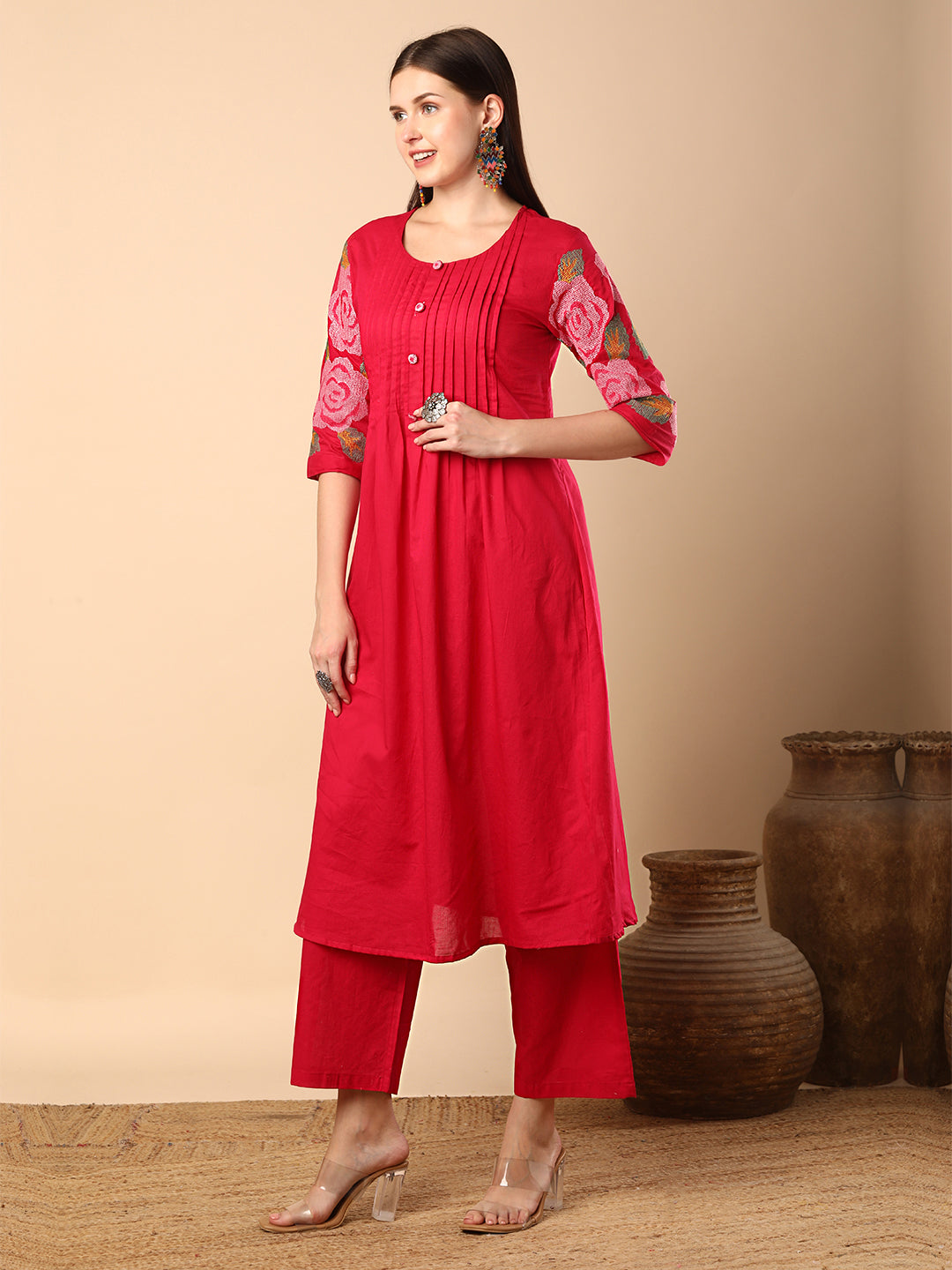 Solid Geometric Floral Cross Stitich Embroidered A-Line Pleated Co-ord Set - Pink