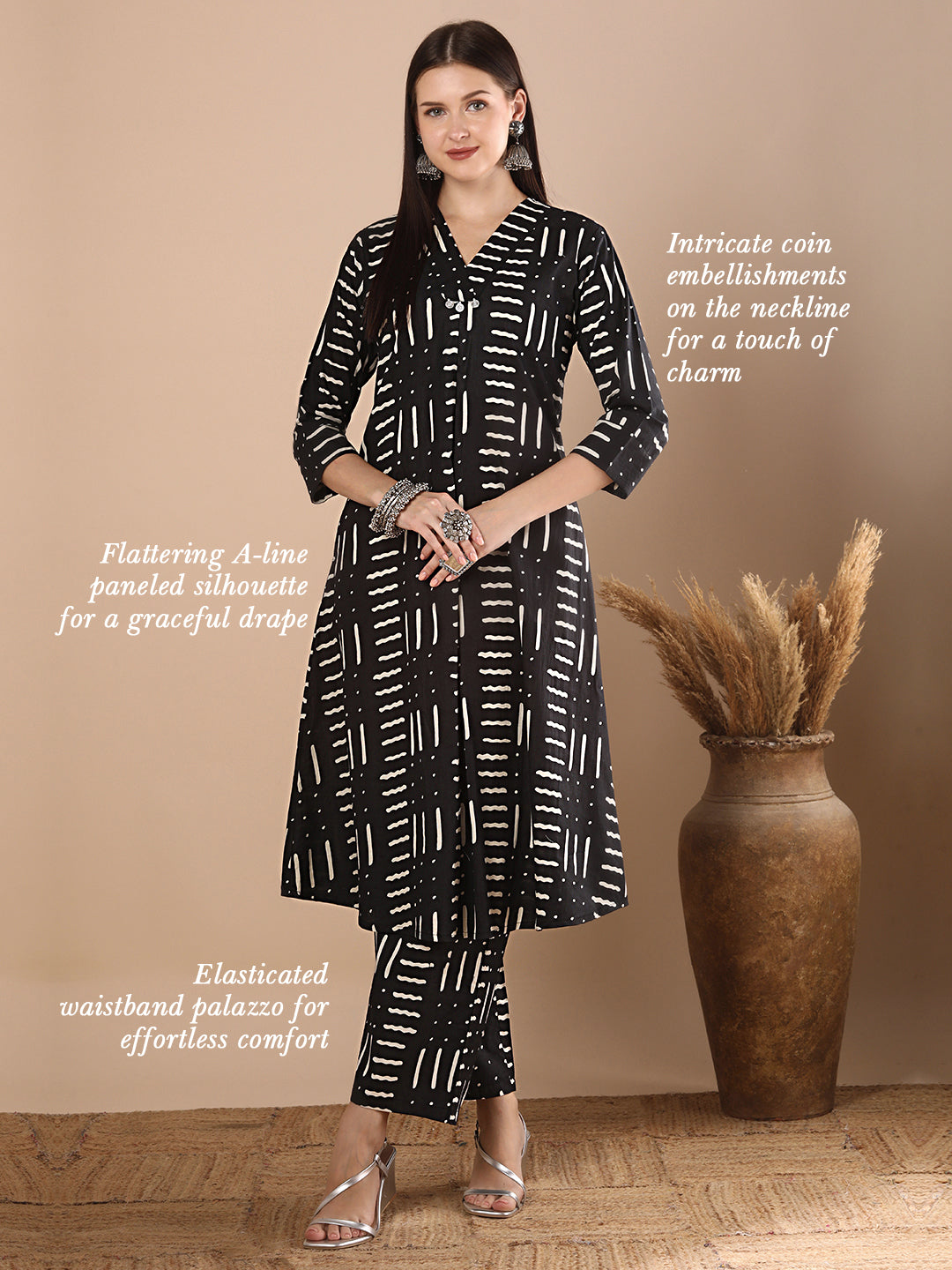 Abstract Geometric Printed A-Line Paneled Co-ord Set - Black