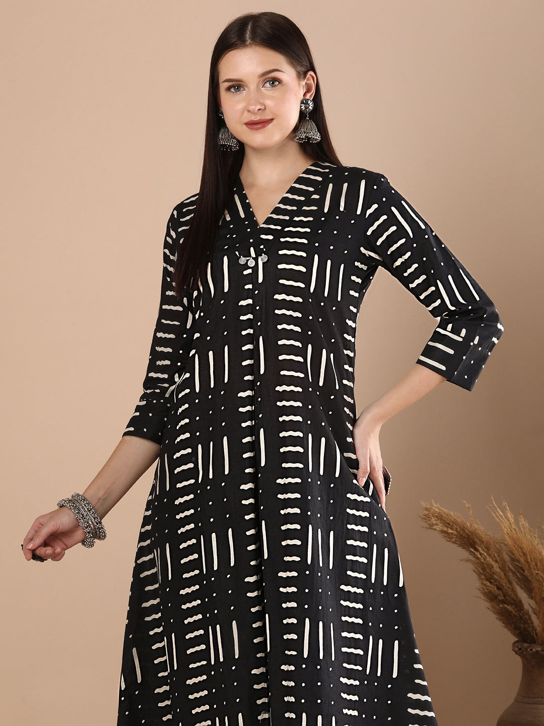 Abstract Geometric Printed A-Line Paneled Co-ord Set - Black