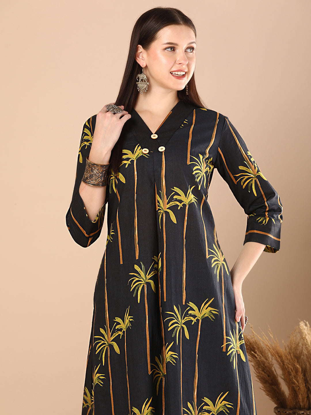 Abstract Coconut Tree Printed A-Line Paneled Co-ord Set - Black