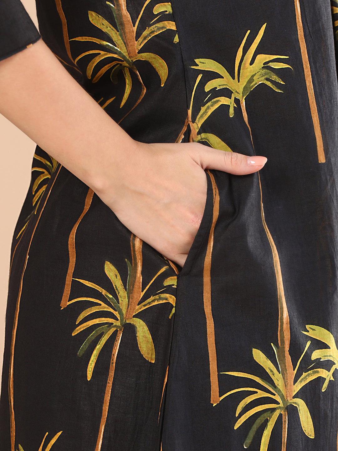 Abstract Coconut Tree Printed A-Line Paneled Co-ord Set - Black