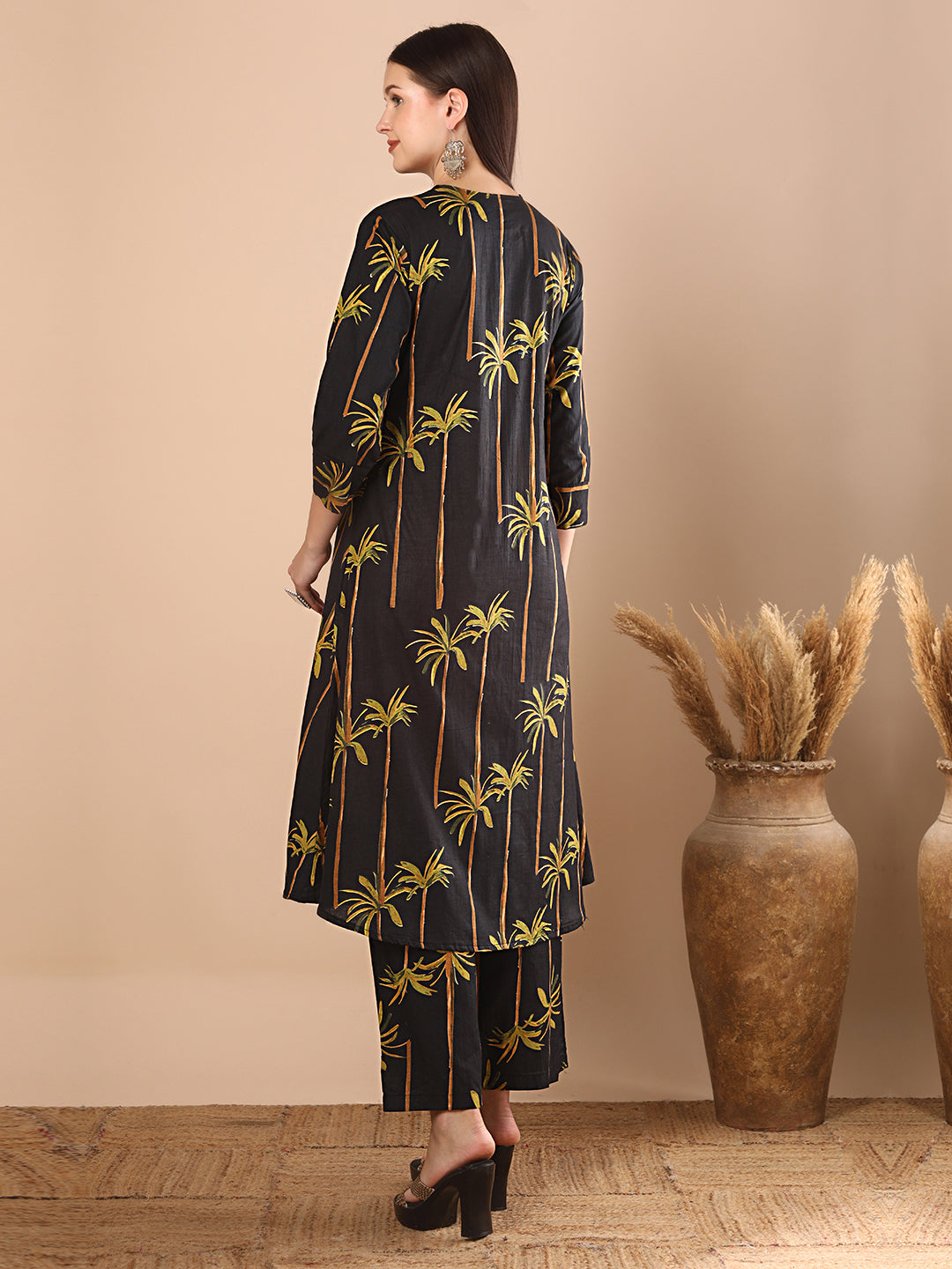 Abstract Coconut Tree Printed A-Line Paneled Co-ord Set - Black