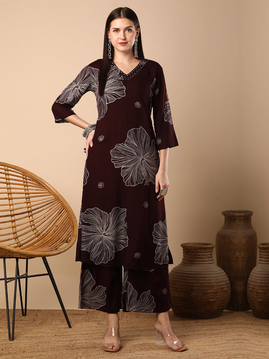 Abstract Floral Printed Straight Fit Co-ord Set - Burgundy