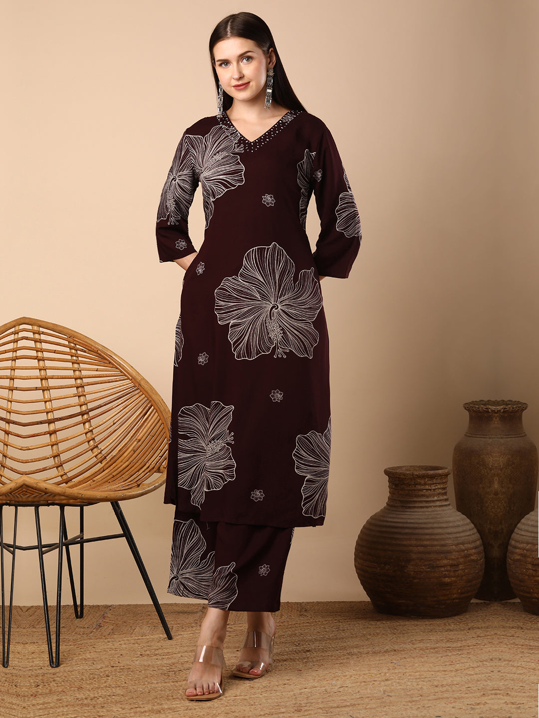 Abstract Floral Printed Straight Fit Co-ord Set - Burgundy