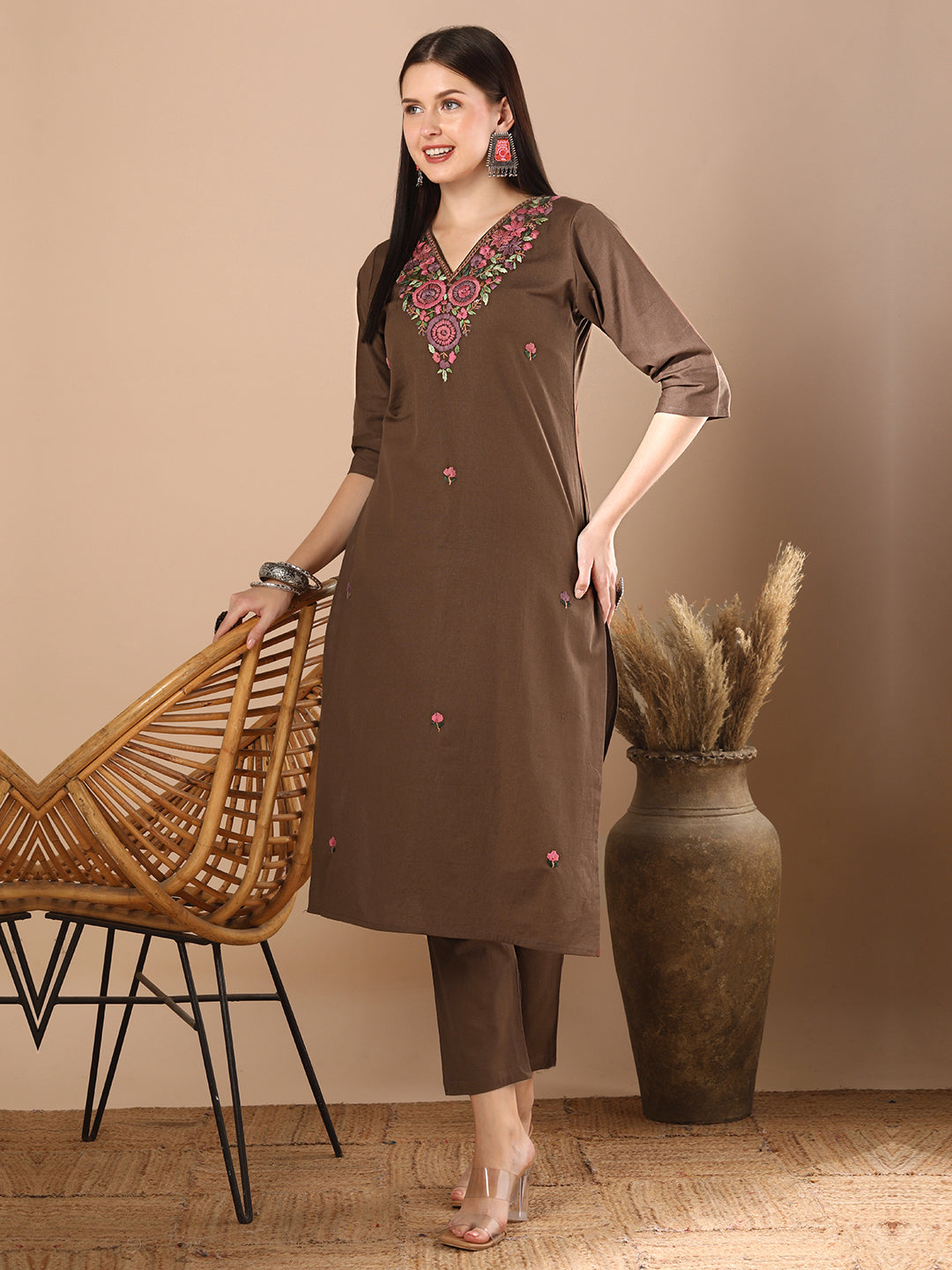 Solid Floral Hand Embroidered Straight Fit Co-ord Set - Brown