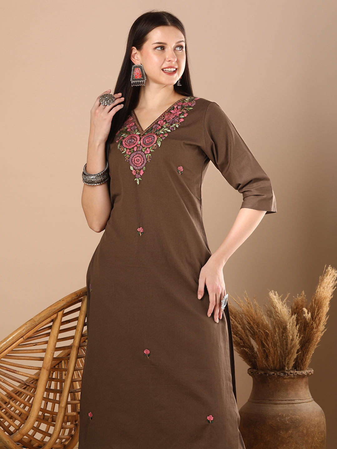 Solid Floral Hand Embroidered Straight Fit Co-ord Set - Brown