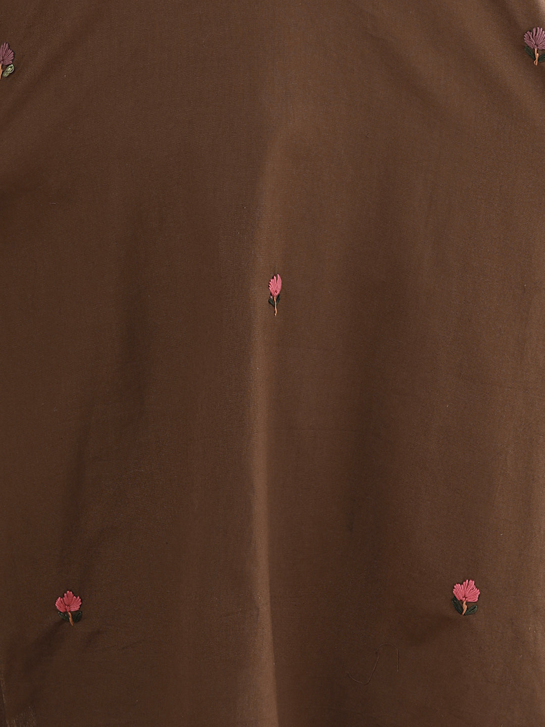 Solid Floral Hand Embroidered Straight Fit Co-ord Set - Brown