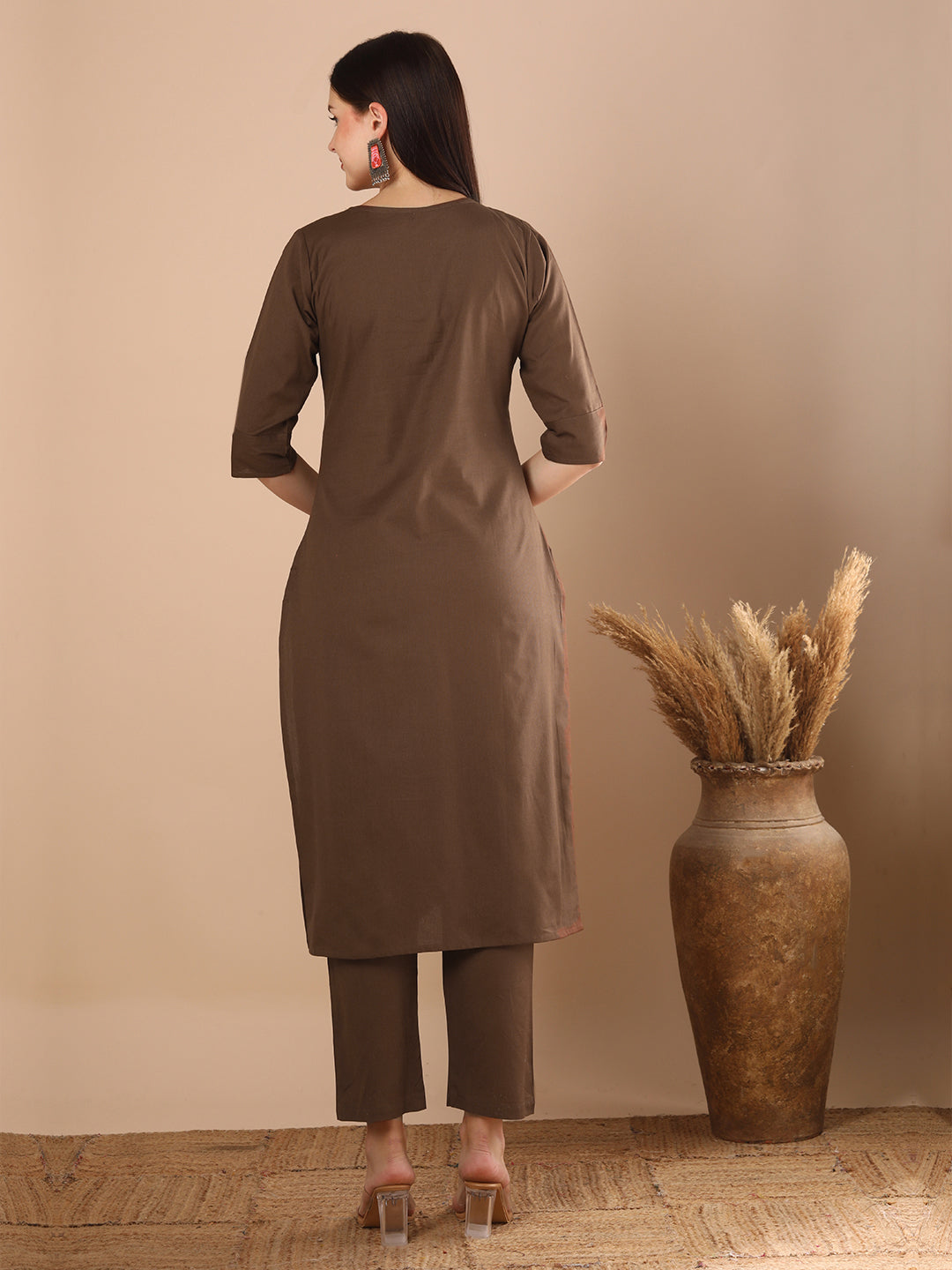 Solid Floral Hand Embroidered Straight Fit Co-ord Set - Brown