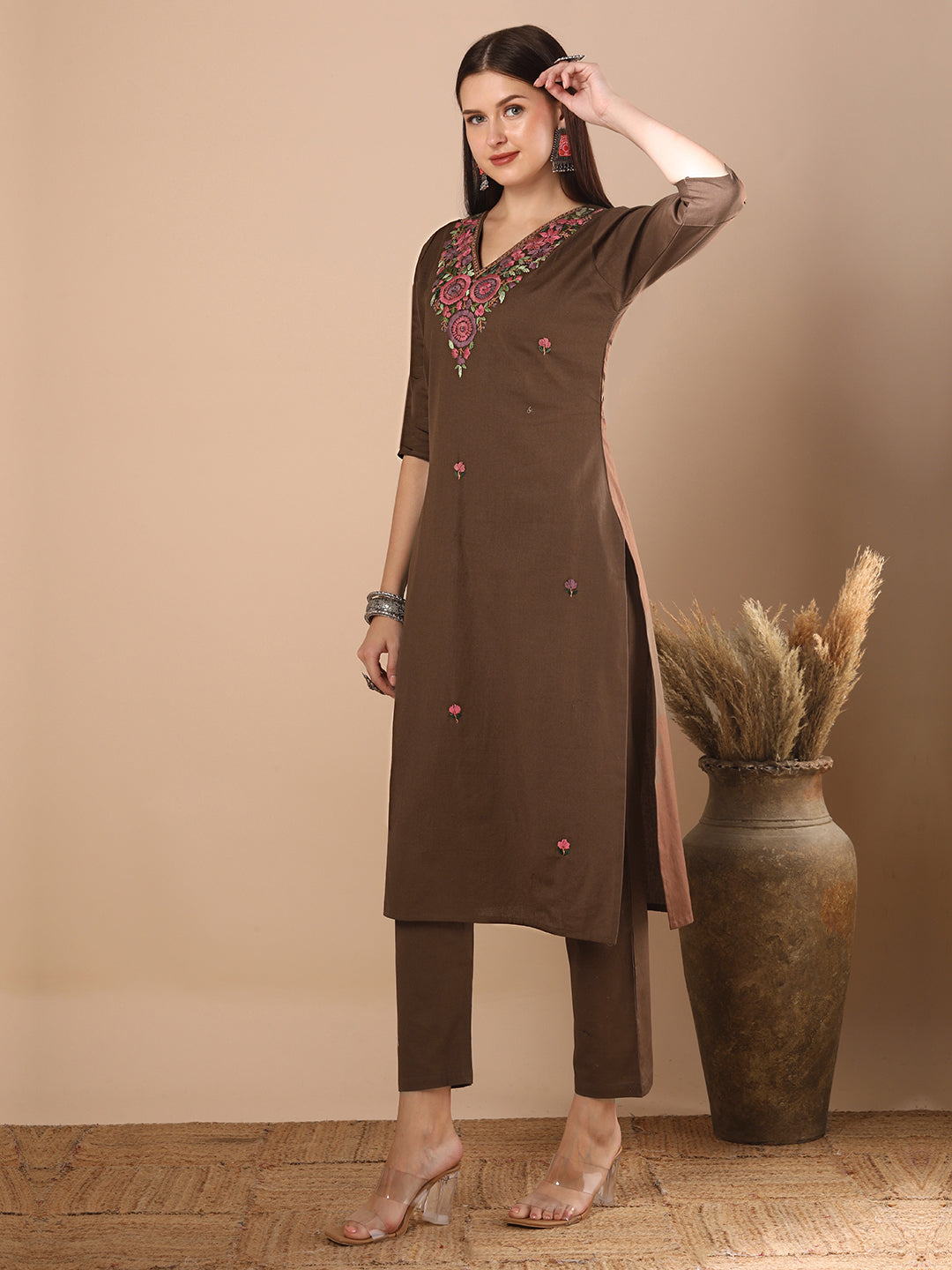 Solid Floral Hand Embroidered Straight Fit Co-ord Set - Brown