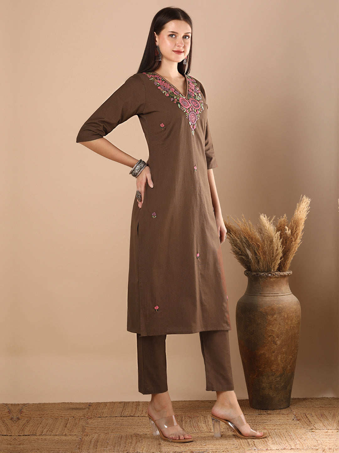 Solid Floral Hand Embroidered Straight Fit Co-ord Set - Brown