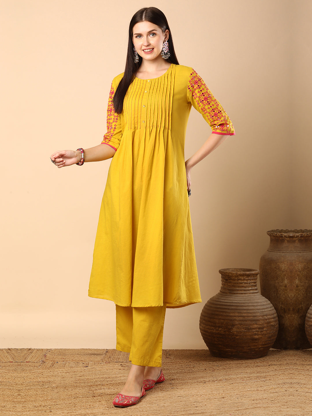 Solid Pin Tucked & Geometric Floral Embroidered A-Line Pleated Co-ord Set - Yellow