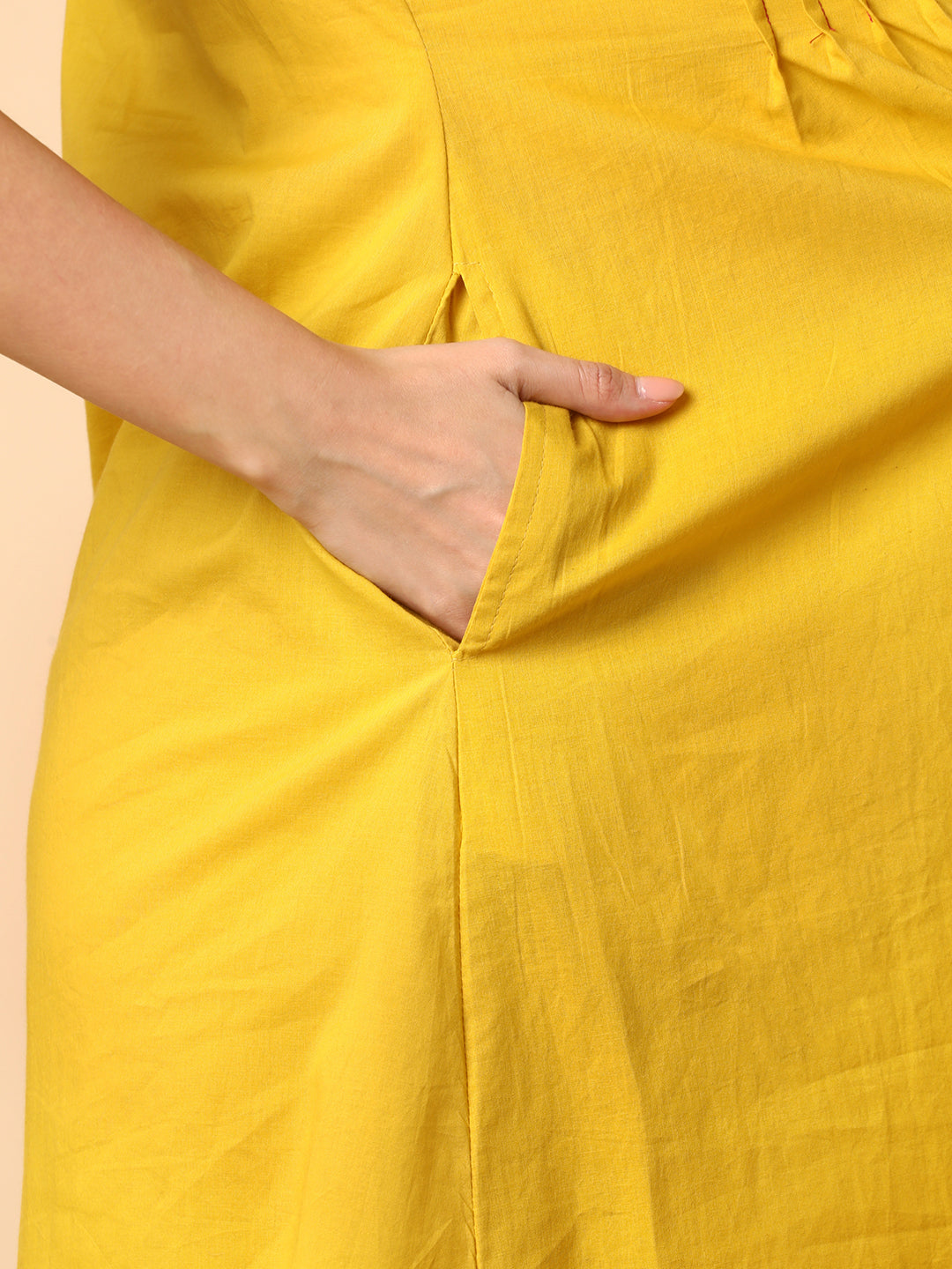 Solid Pin Tucked & Geometric Floral Embroidered A-Line Pleated Co-ord Set - Yellow