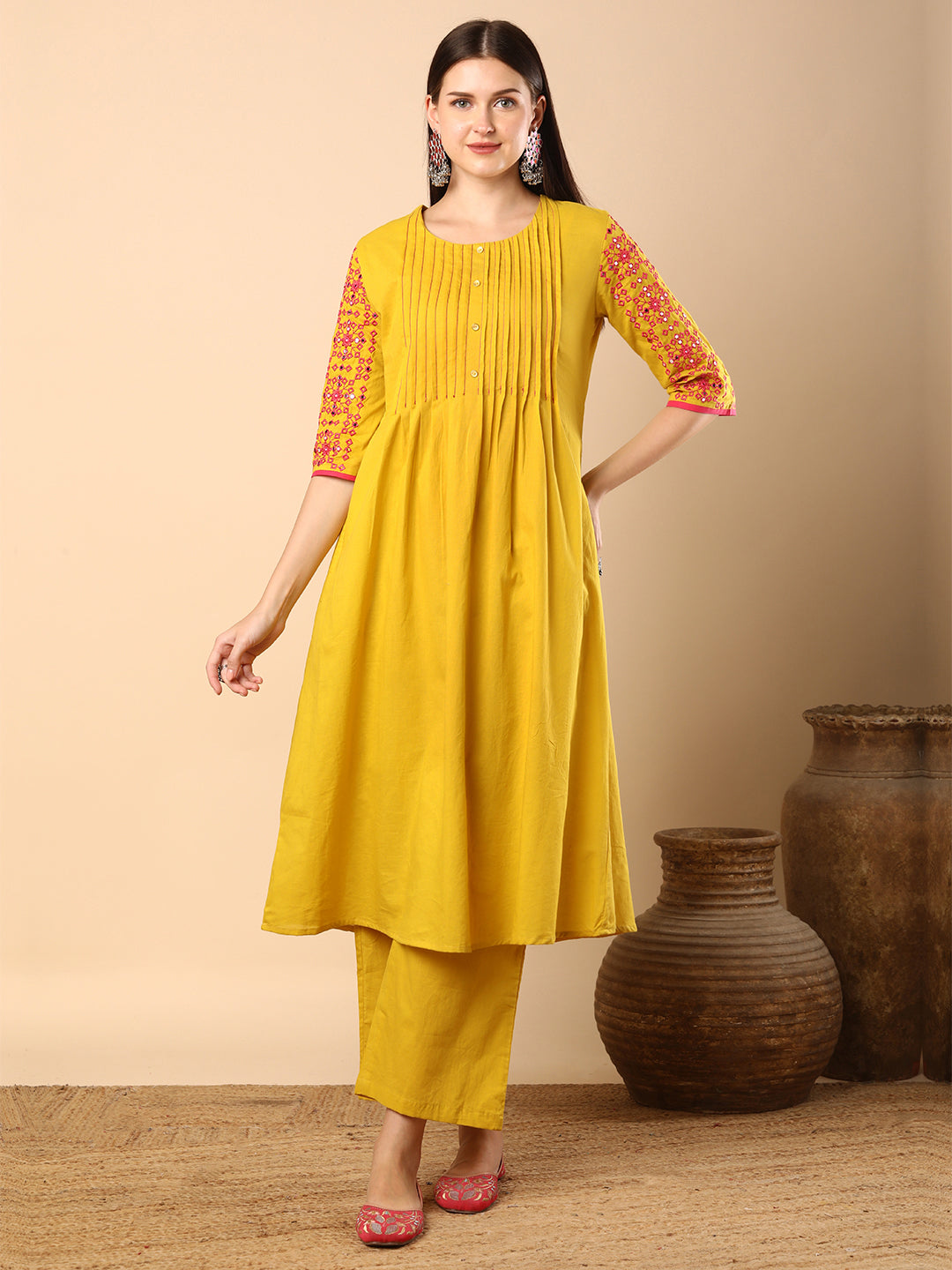 Solid Pin Tucked & Geometric Floral Embroidered A-Line Pleated Co-ord Set - Yellow