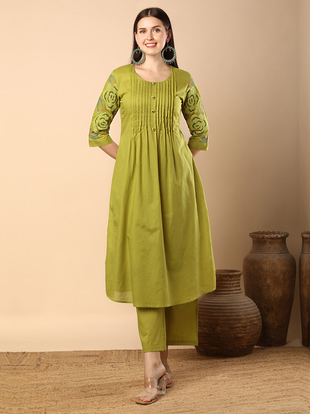Solid Geometric Floral Cross Stitich Embroidered A-Line Pleated Co-ord Set - Green