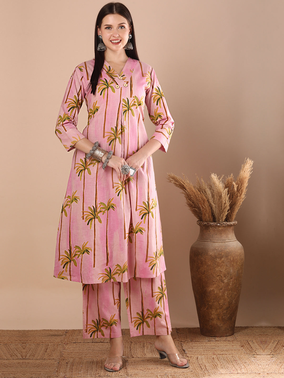 Abstract Coconut Tree Printed A-Line Paneled Co-ord Set - Pink