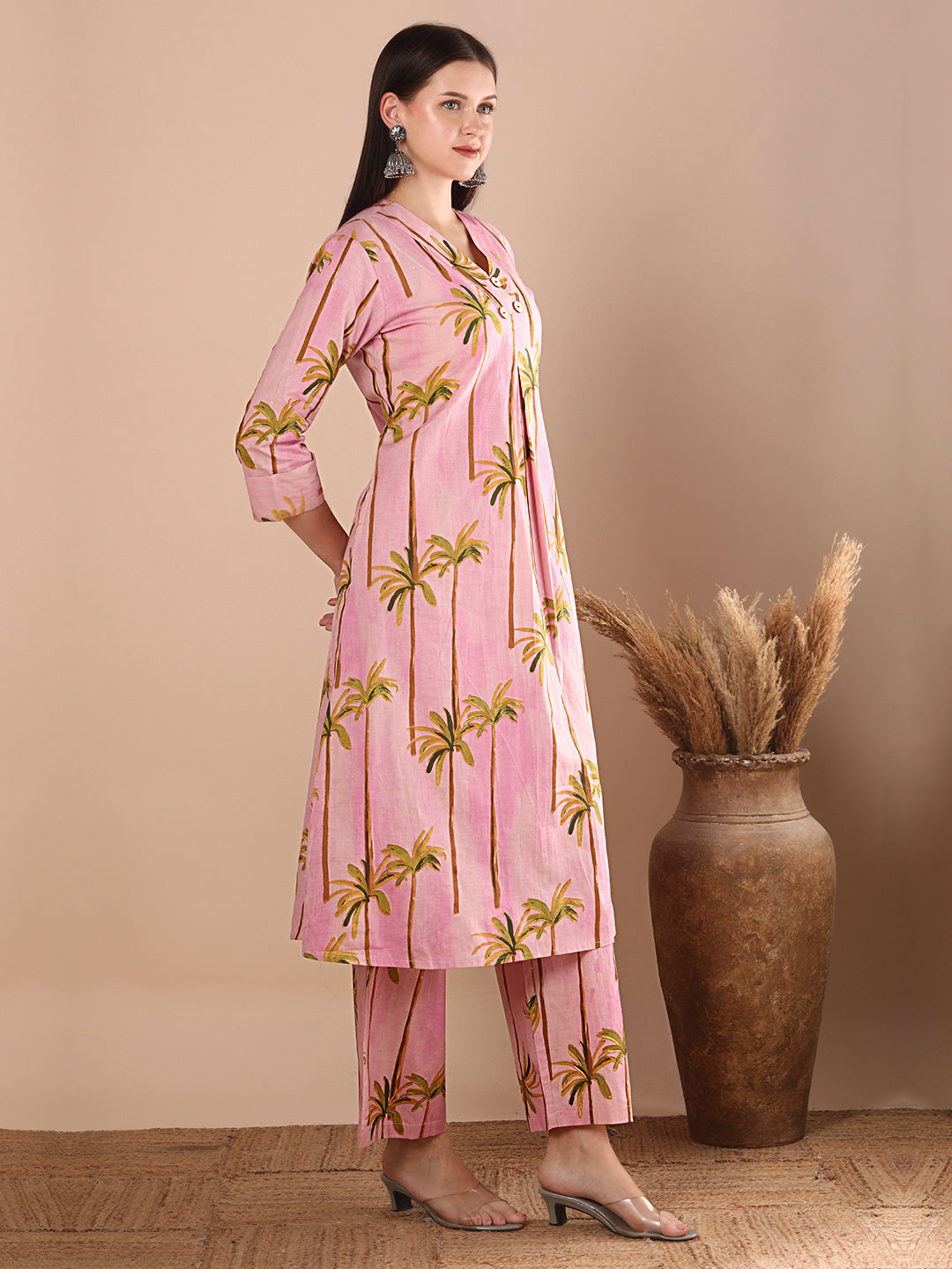 Abstract Coconut Tree Printed A-Line Paneled Co-ord Set - Pink
