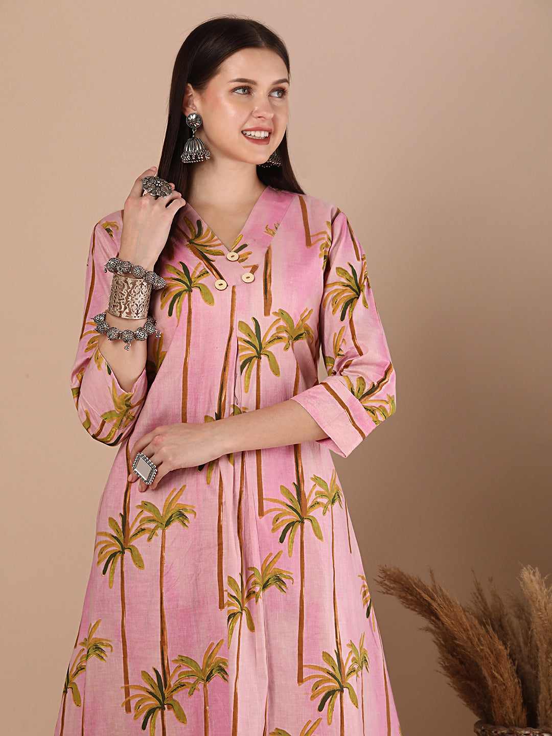 Abstract Coconut Tree Printed A-Line Paneled Co-ord Set - Pink