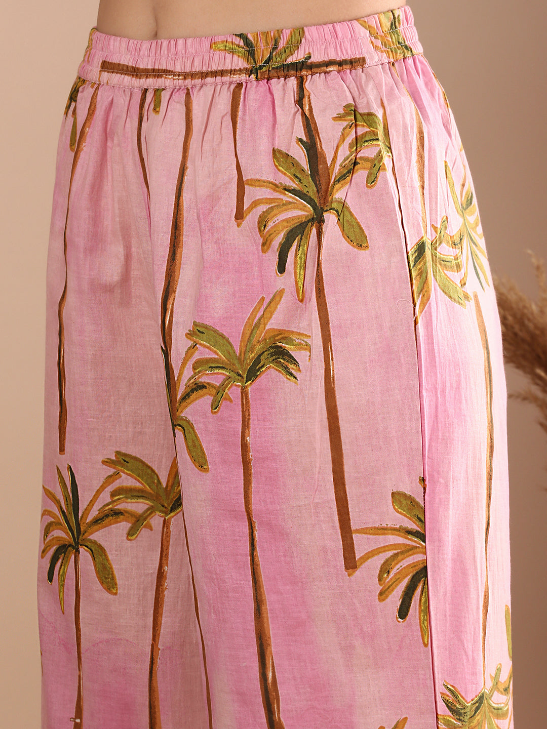 Abstract Coconut Tree Printed A-Line Paneled Co-ord Set - Pink