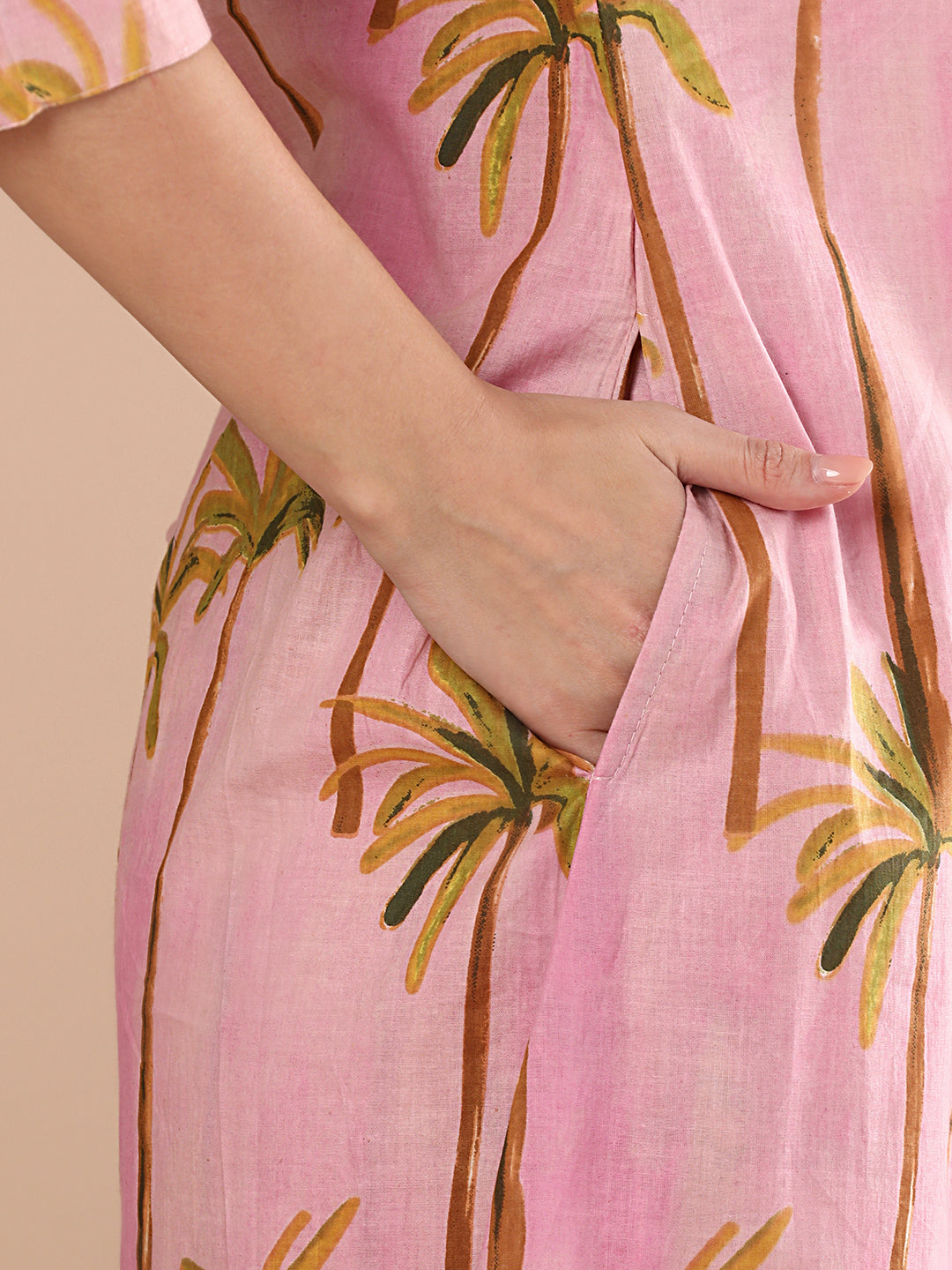 Abstract Coconut Tree Printed A-Line Paneled Co-ord Set - Pink