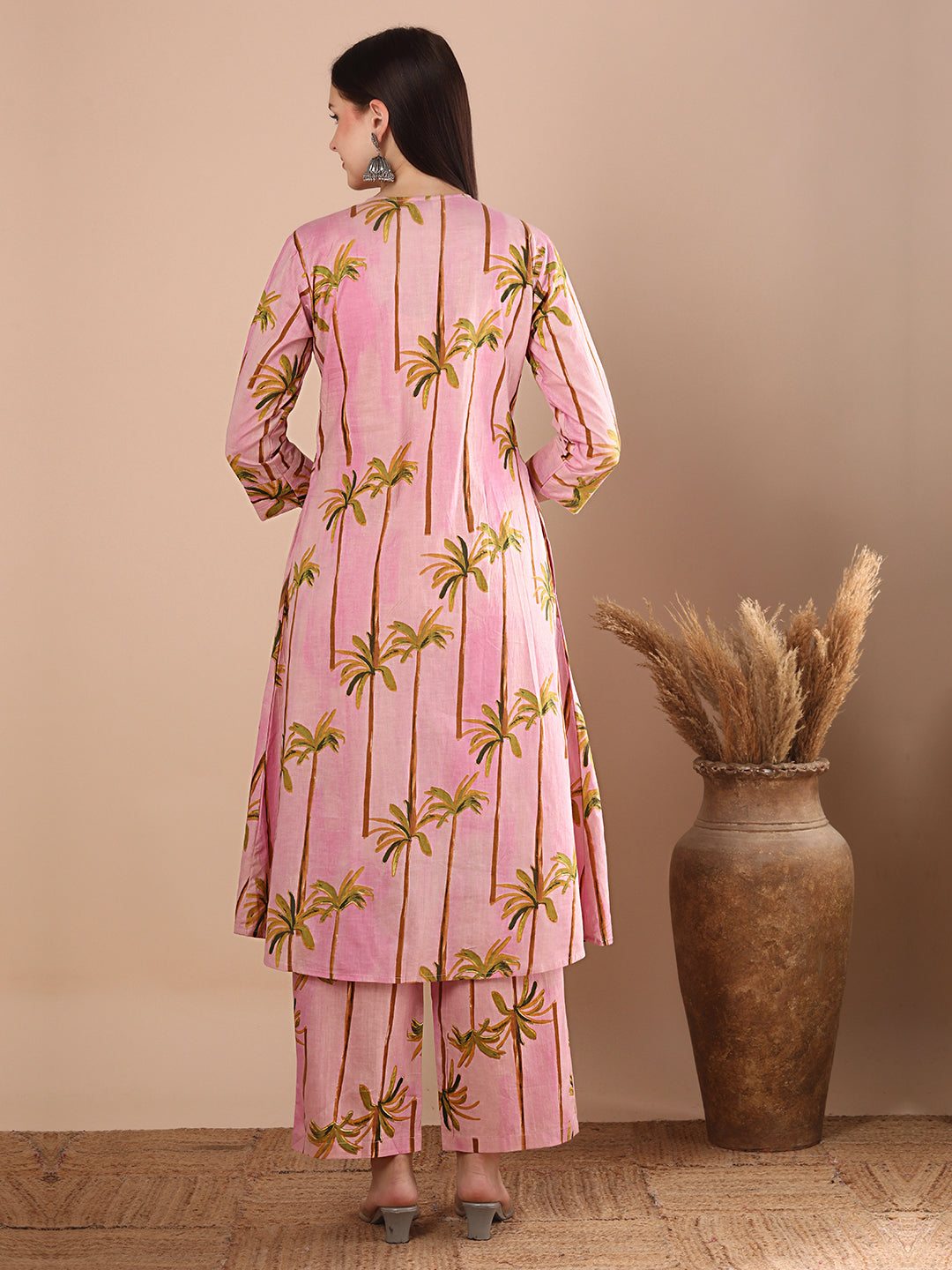 Abstract Coconut Tree Printed A-Line Paneled Co-ord Set - Pink