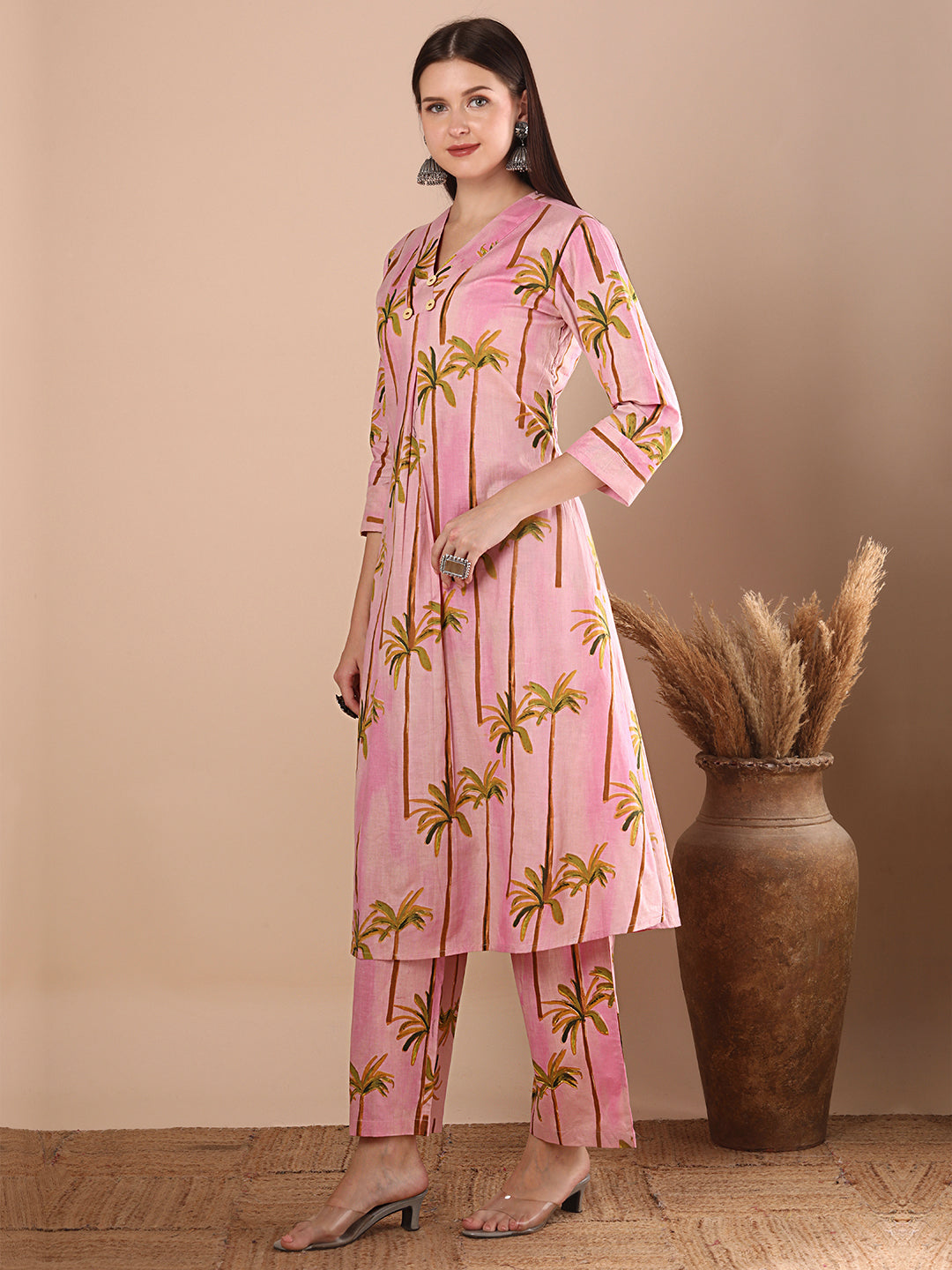 Abstract Coconut Tree Printed A-Line Paneled Co-ord Set - Pink