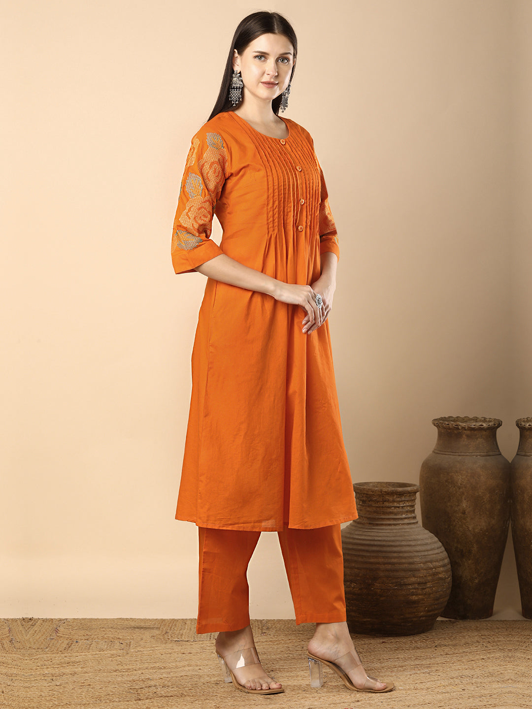 Solid Geometric Floral Cross Stitich Embroidered A-Line Pleated Co-ord Set - Orange