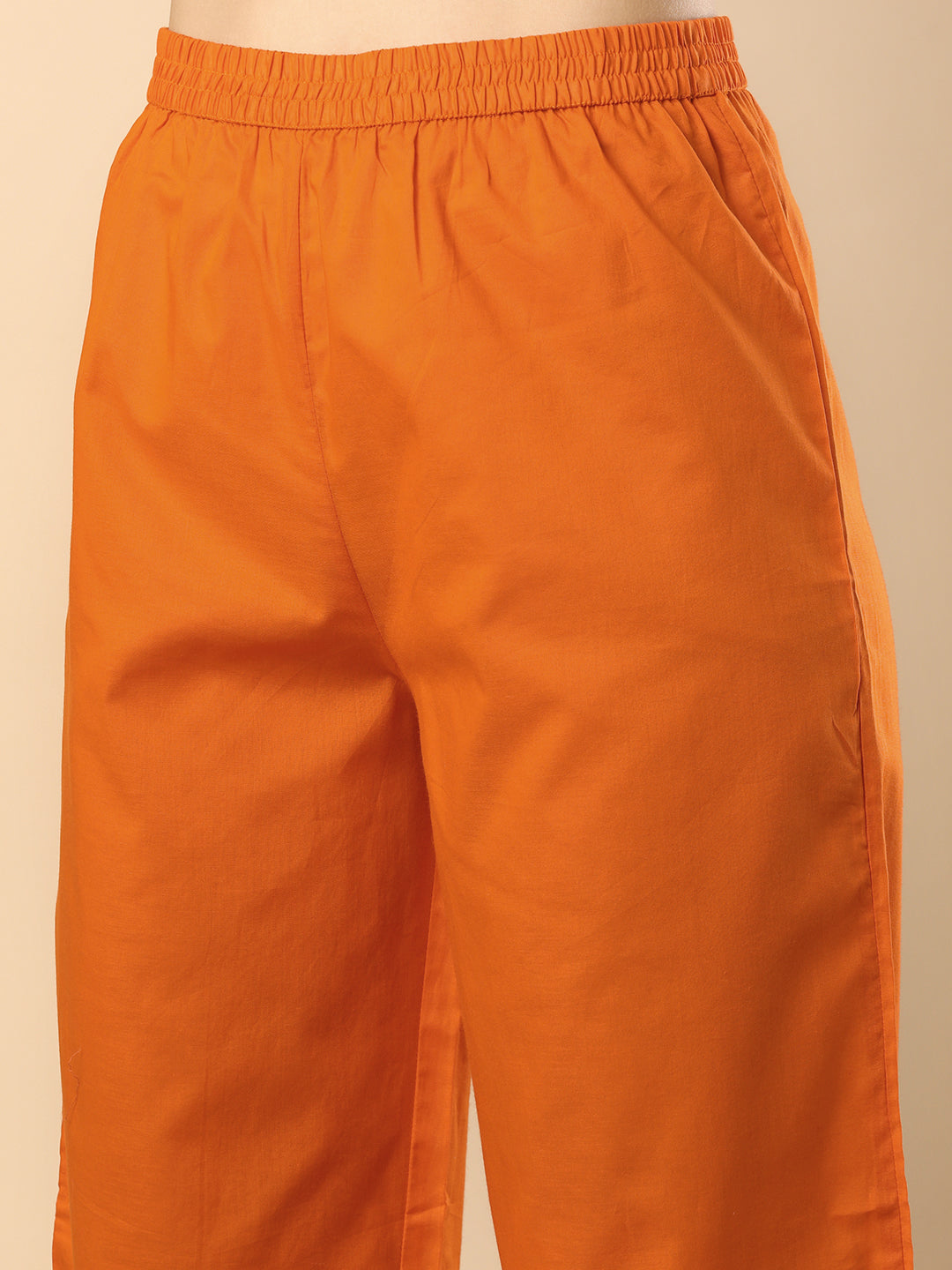 Solid Geometric Floral Cross Stitich Embroidered A-Line Pleated Co-ord Set - Orange