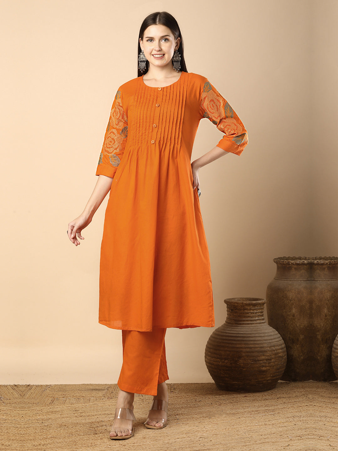 Solid Geometric Floral Cross Stitich Embroidered A-Line Pleated Co-ord Set - Orange
