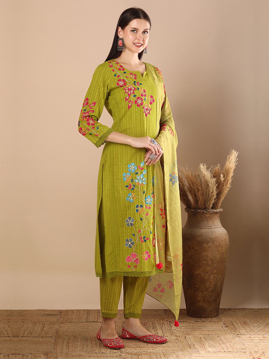 Solid Floral Threadwork Straight Kurta with Pant & Printed Dupatta - Lime Green
