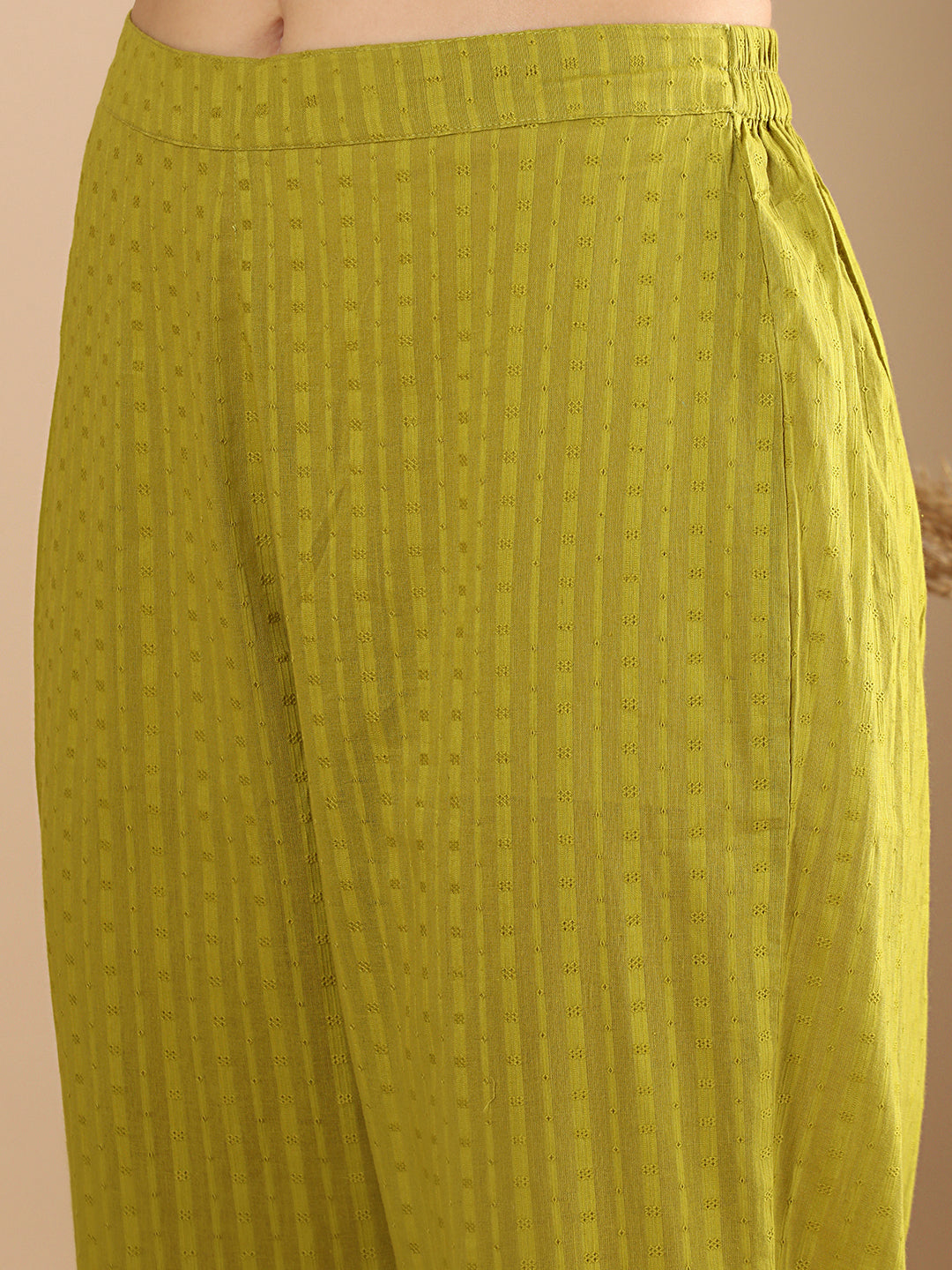 Solid Floral Threadwork Straight Kurta with Pant & Printed Dupatta - Lime Green