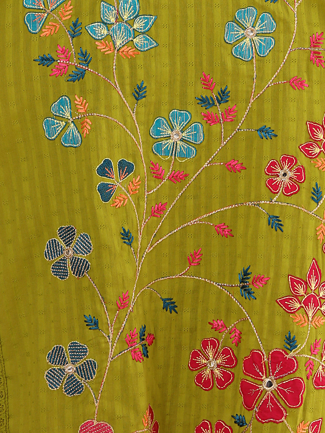 Solid Floral Threadwork Straight Kurta with Pant & Printed Dupatta - Lime Green