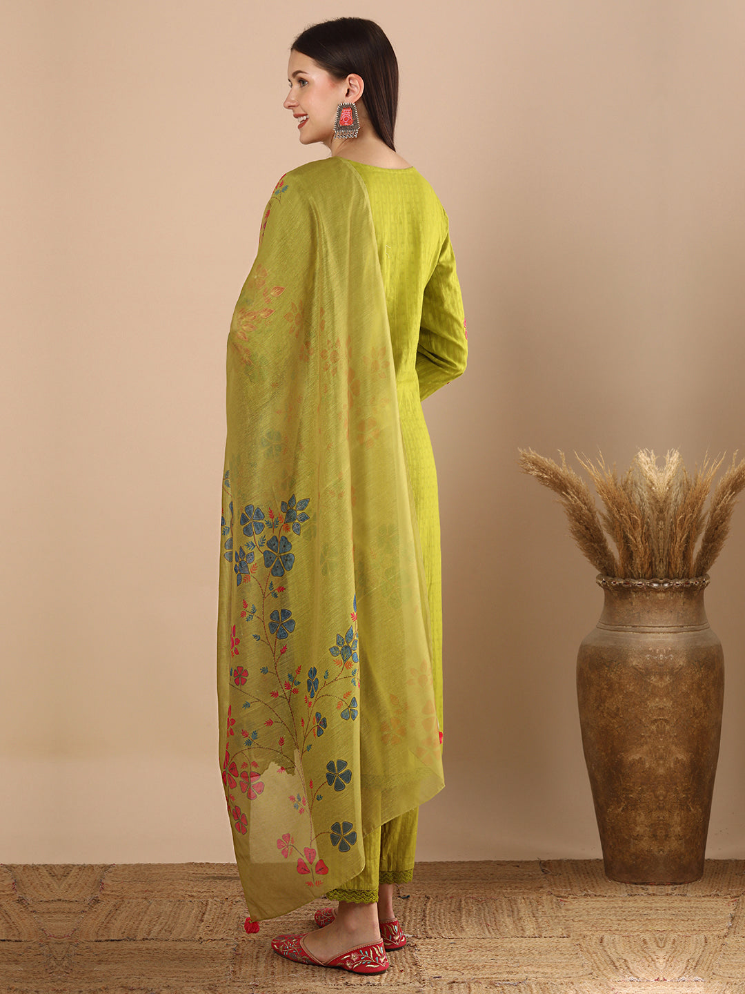 Solid Floral Threadwork Straight Kurta with Pant & Printed Dupatta - Lime Green