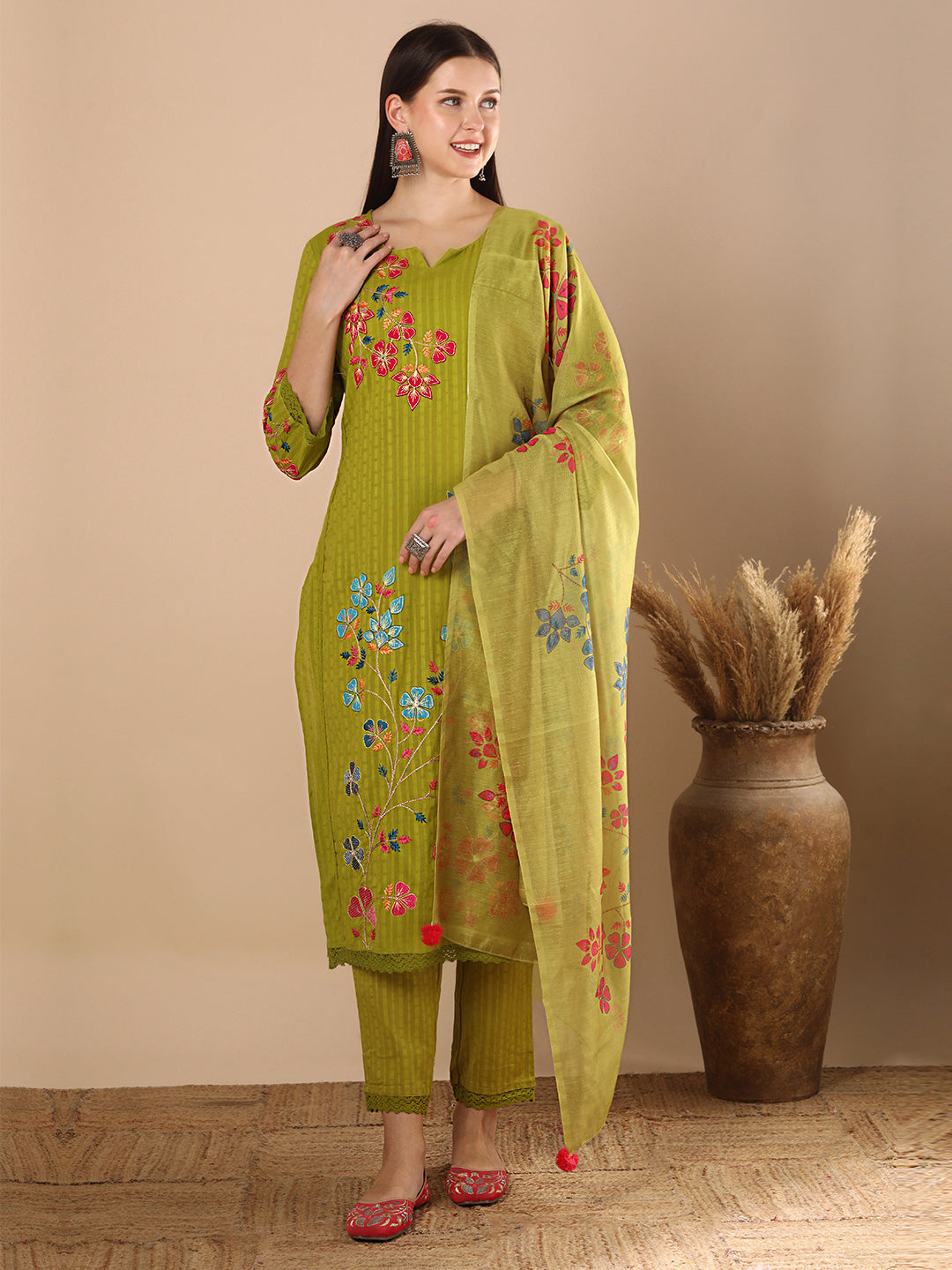 Solid Floral Threadwork Straight Kurta with Pant & Printed Dupatta - Lime Green