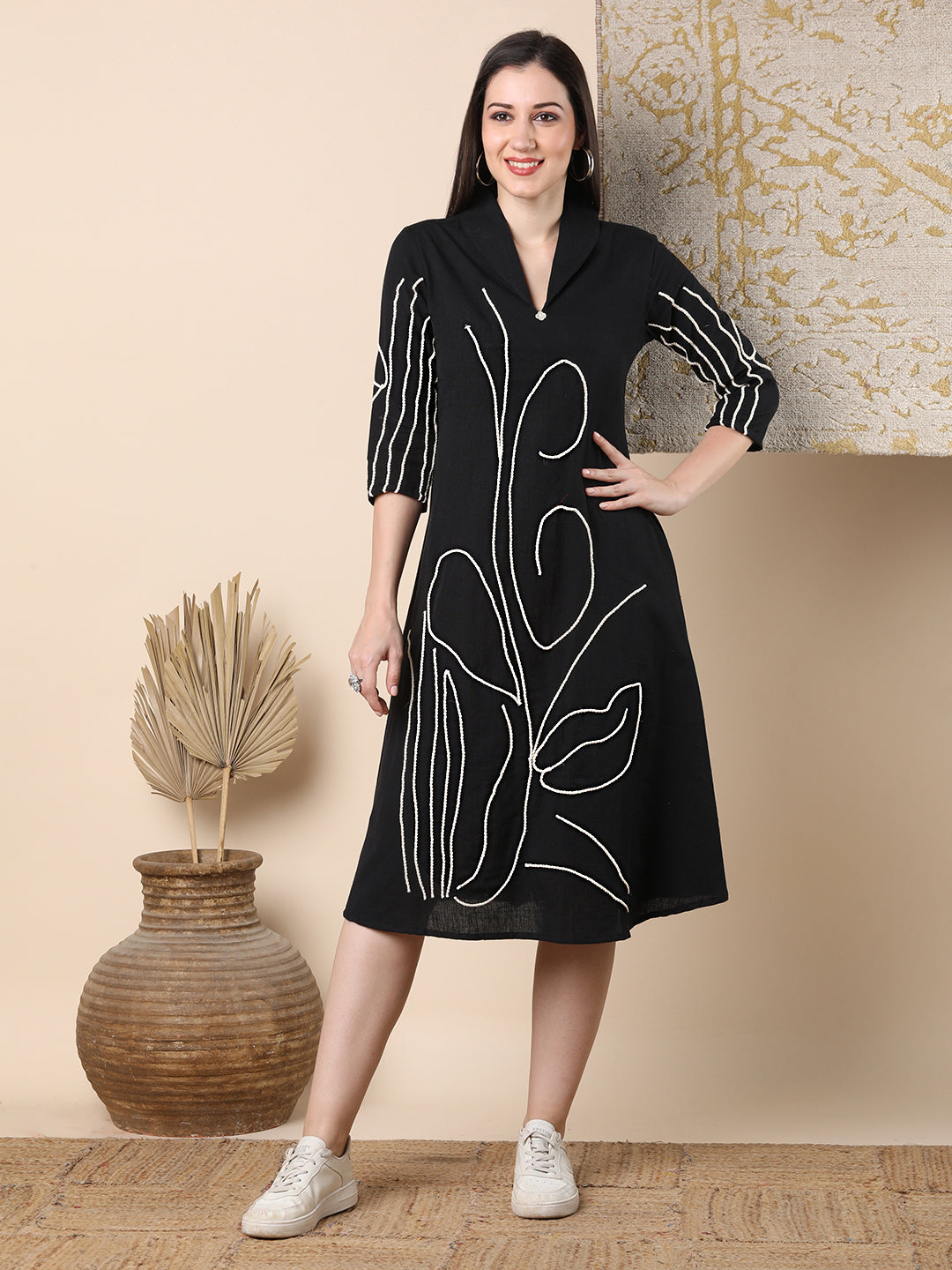 Solid Abstract Floral Embroidered A-Line Flared Midi Dress - Black