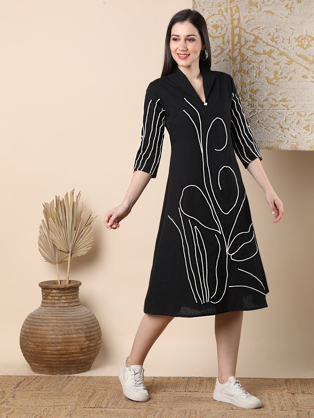 Solid Abstract Floral Embroidered A-Line Flared Midi Dress - Black