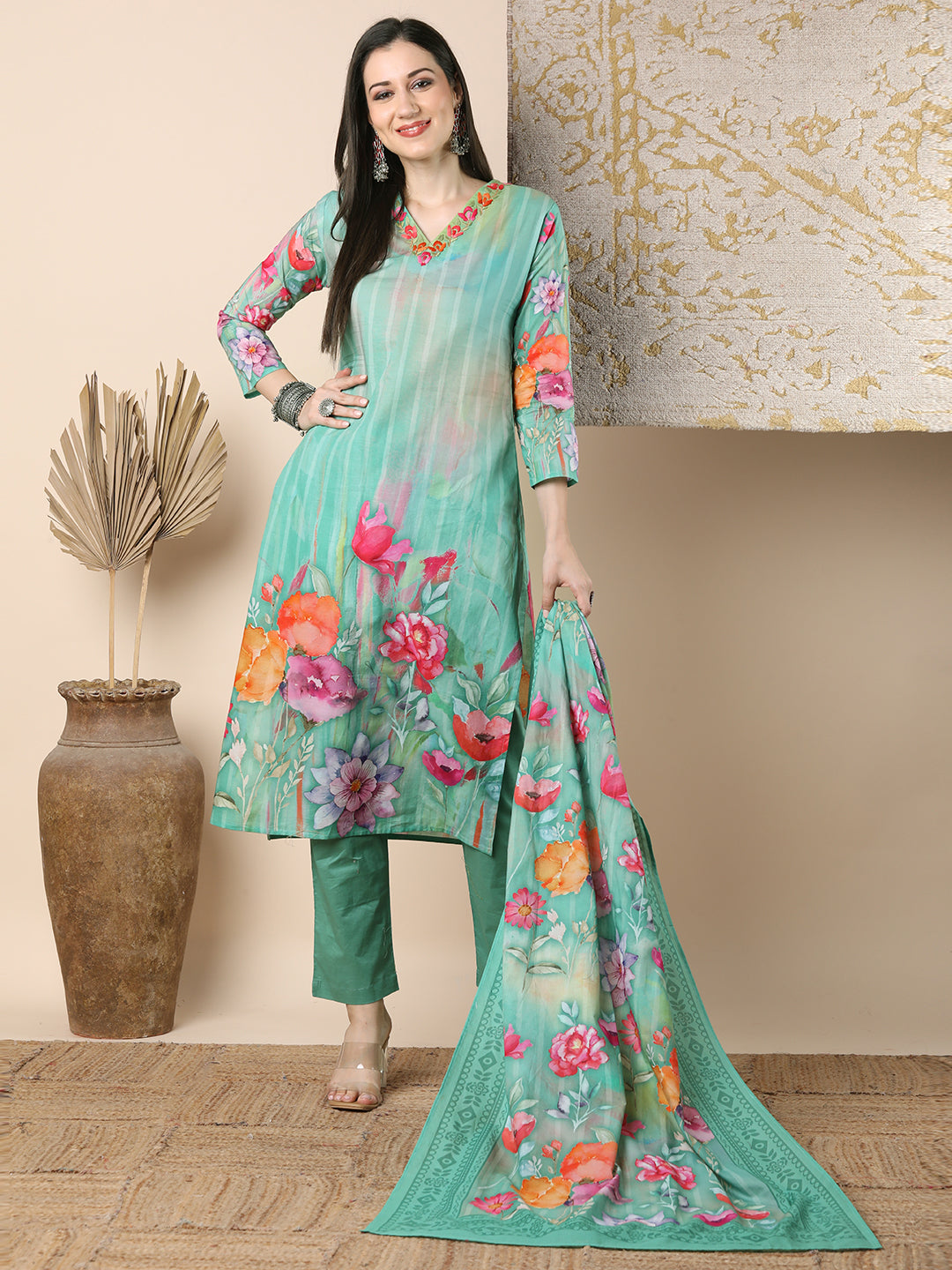 Abstract Watercolor Floral Printed Straight Cut Kurta with Pant & Dupatta - Green