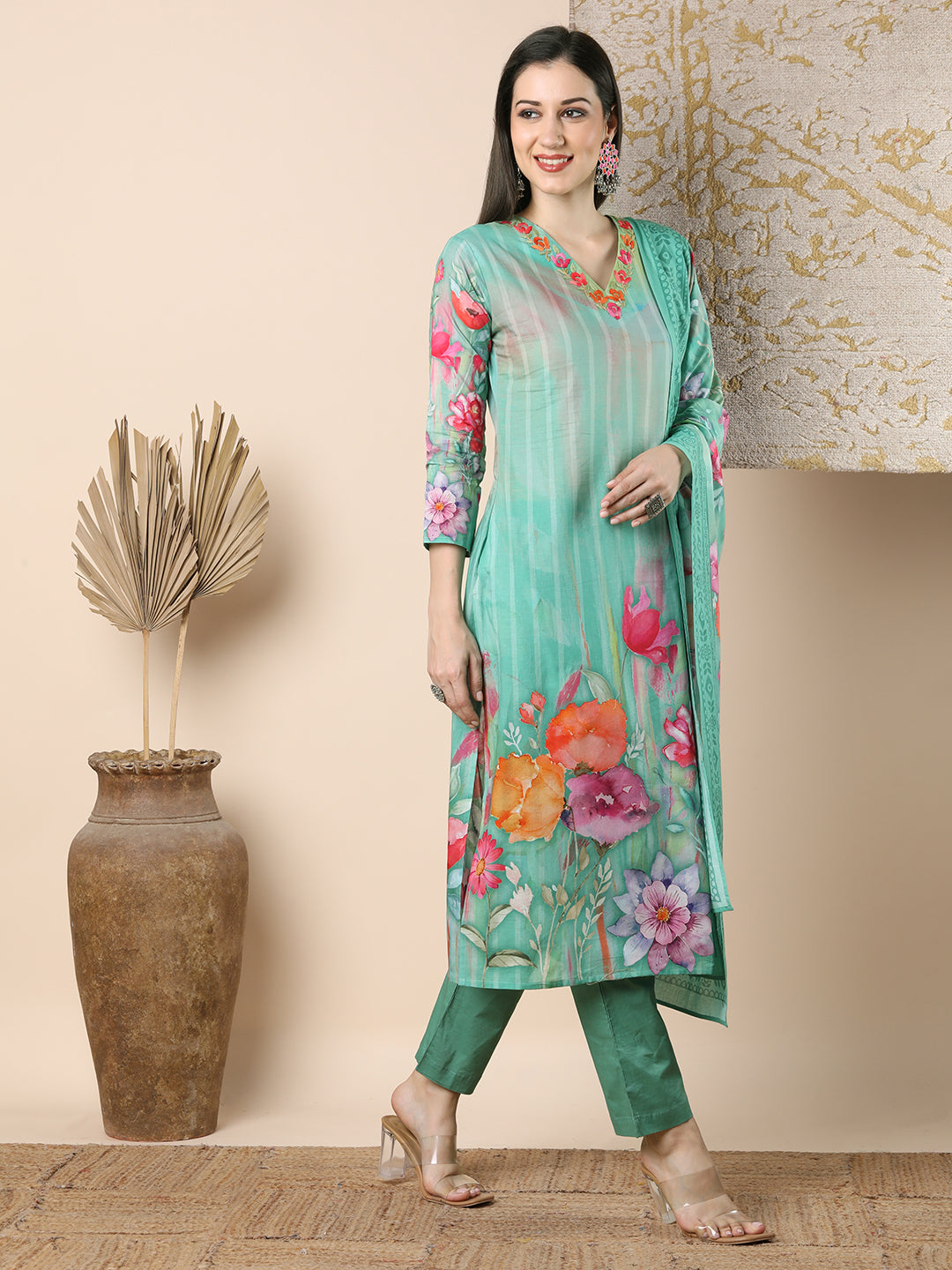 Abstract Watercolor Floral Printed Straight Cut Kurta with Pant & Dupatta - Green
