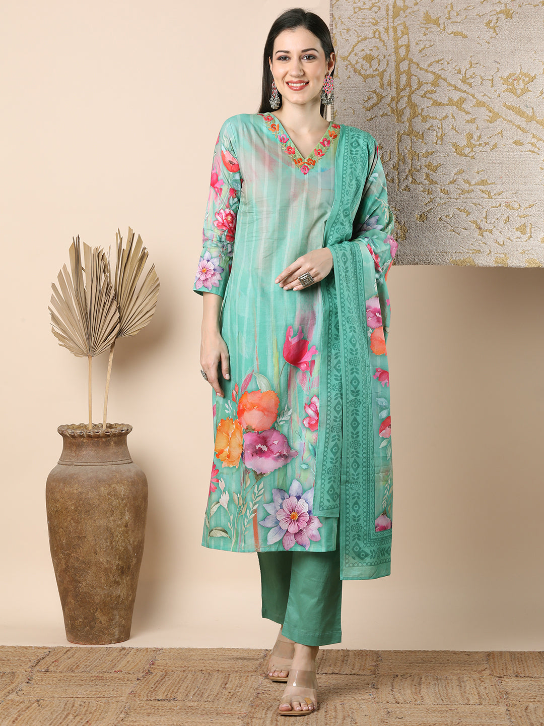 Abstract Watercolor Floral Printed Straight Cut Kurta with Pant & Dupatta - Green