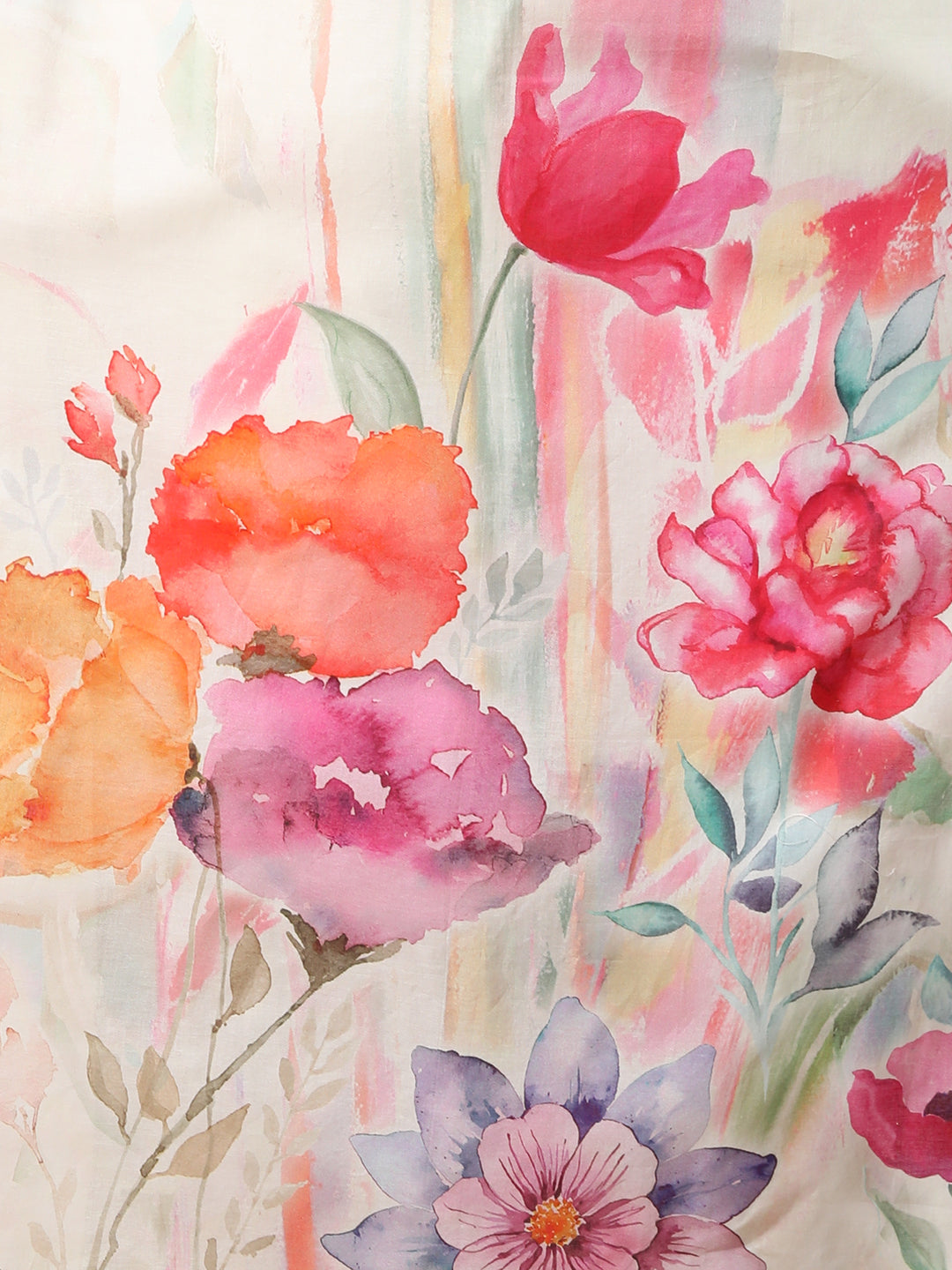 Abstract Watercolor Floral Printed Straight Cut Kurta with Pant & Dupatta - Off White